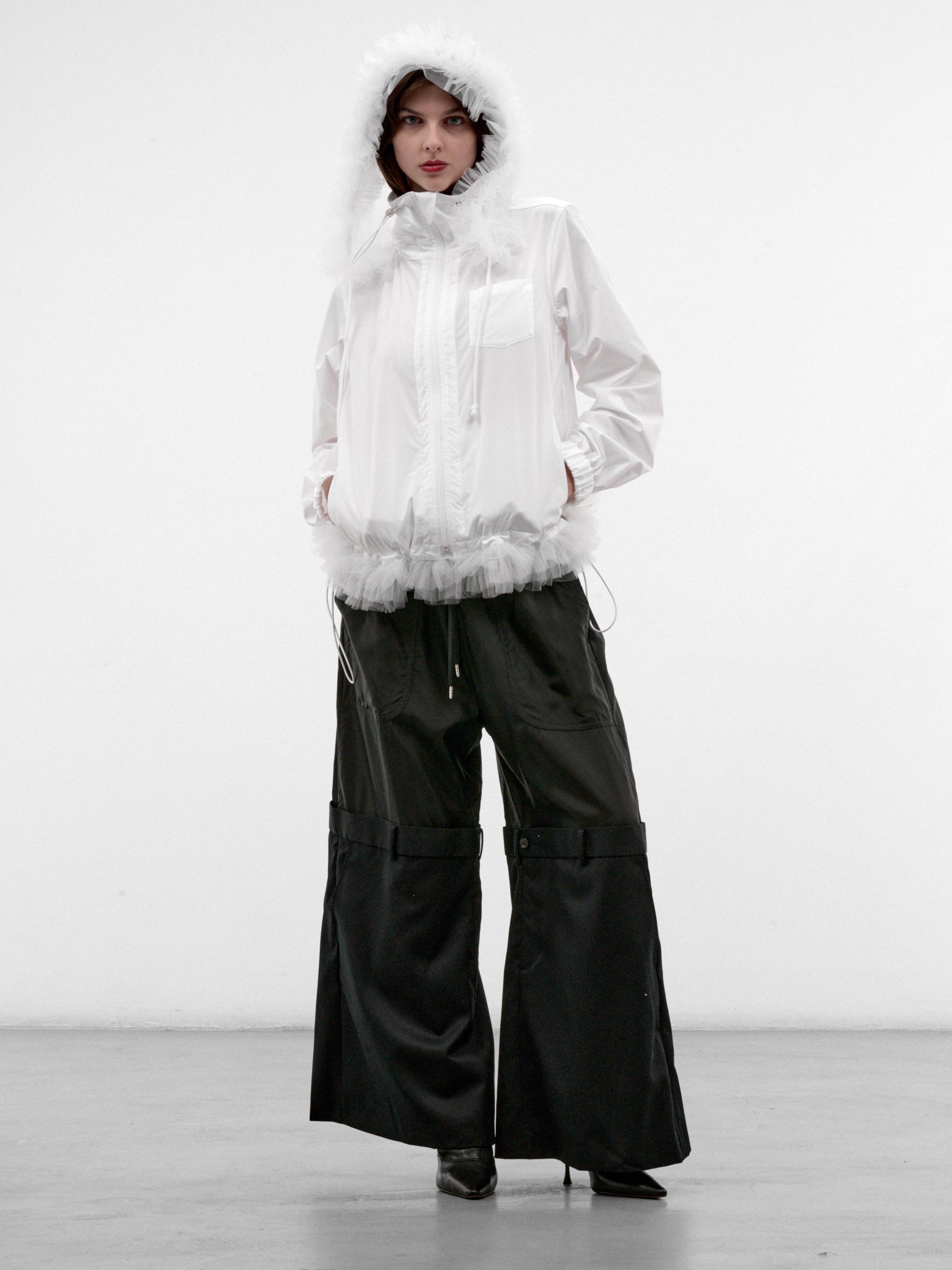 White Ruffled Sheer Hooded Jacket (3R-B010-W26-WHITE-WHITE)