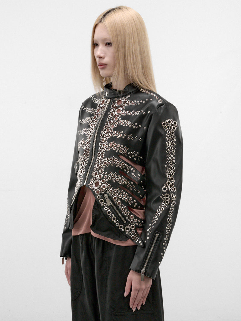Black Skeletal Eyelet Leather Jacket (3R-J001-W26-BLACK)