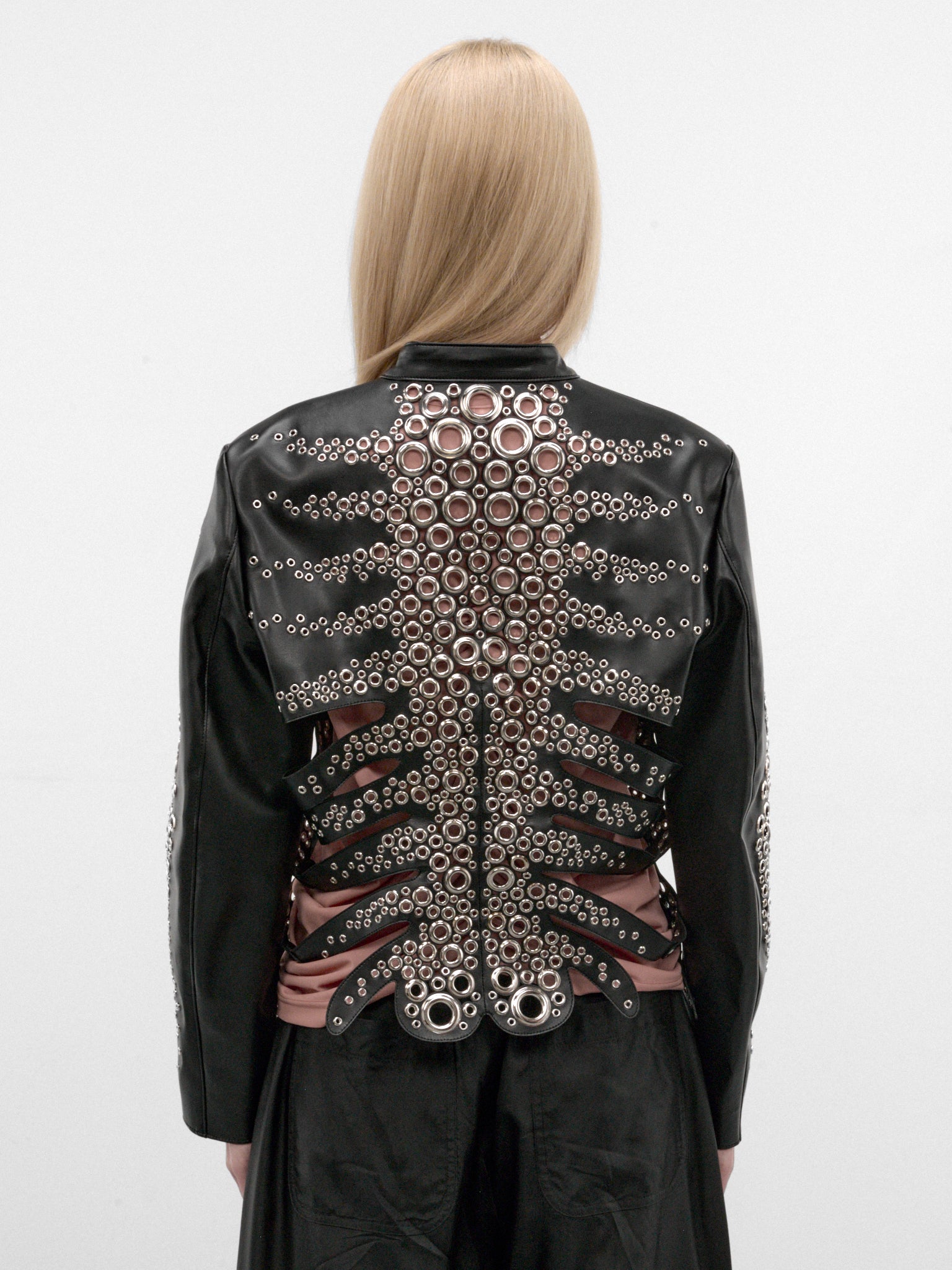 Black Skeletal Eyelet Leather Jacket (3R-J001-W26-BLACK)