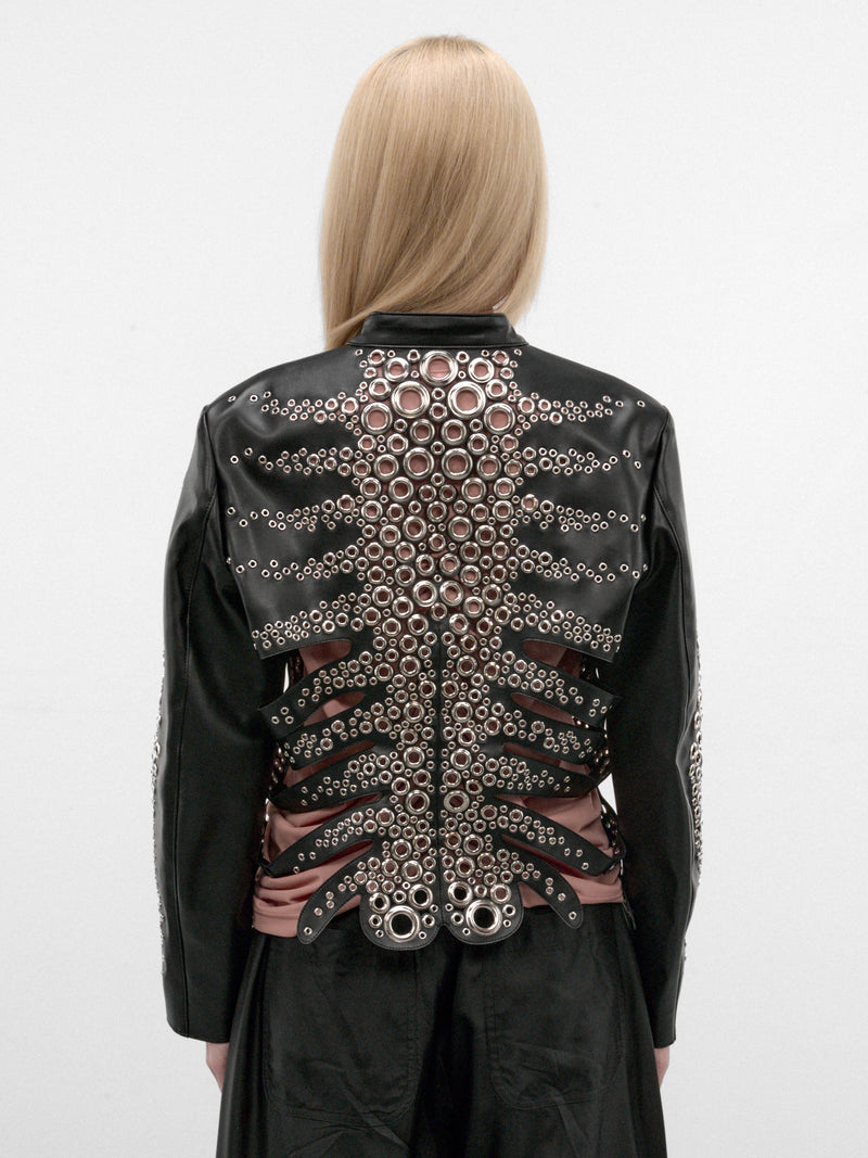 Black Skeletal Eyelet Leather Jacket (3R-J001-W26-BLACK)
