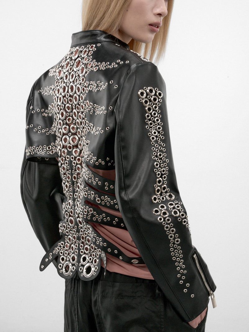 Black Skeletal Eyelet Leather Jacket (3R-J001-W26-BLACK)