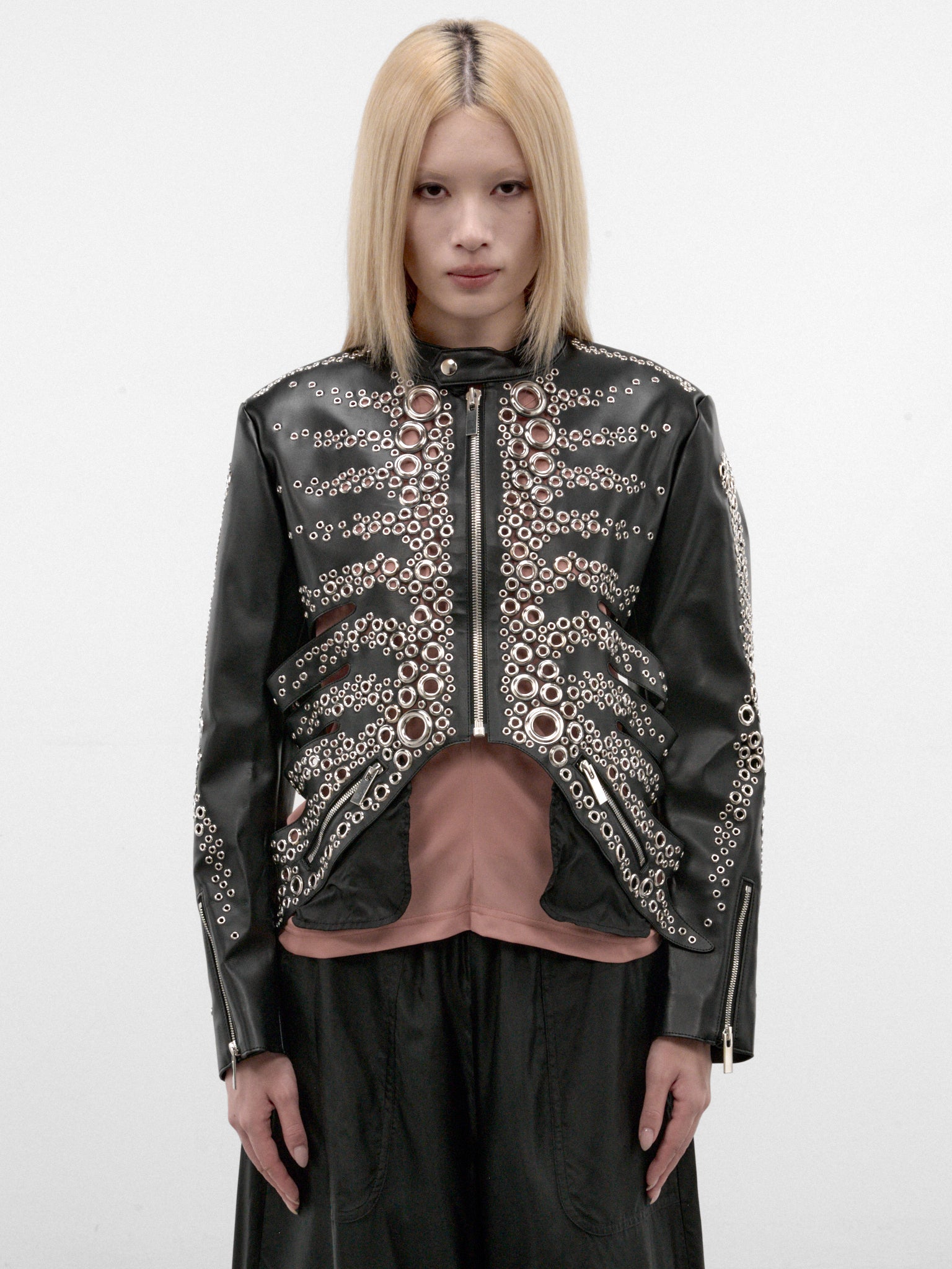 Black Skeletal Eyelet Leather Jacket (3R-J001-W26-BLACK)