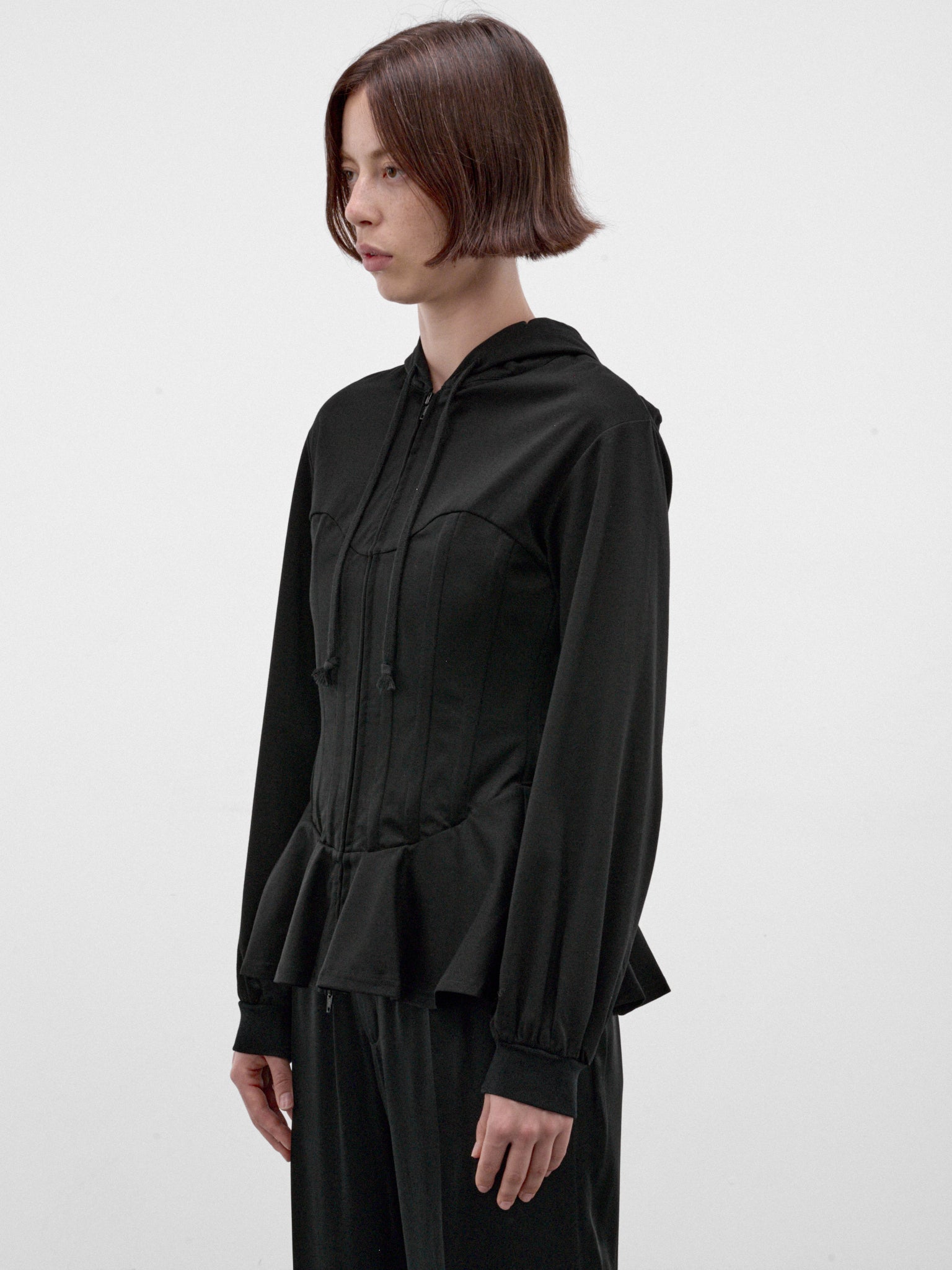 Black Cotton Peplum Zip Hoodie (3R-T003-W26-BLACK)
