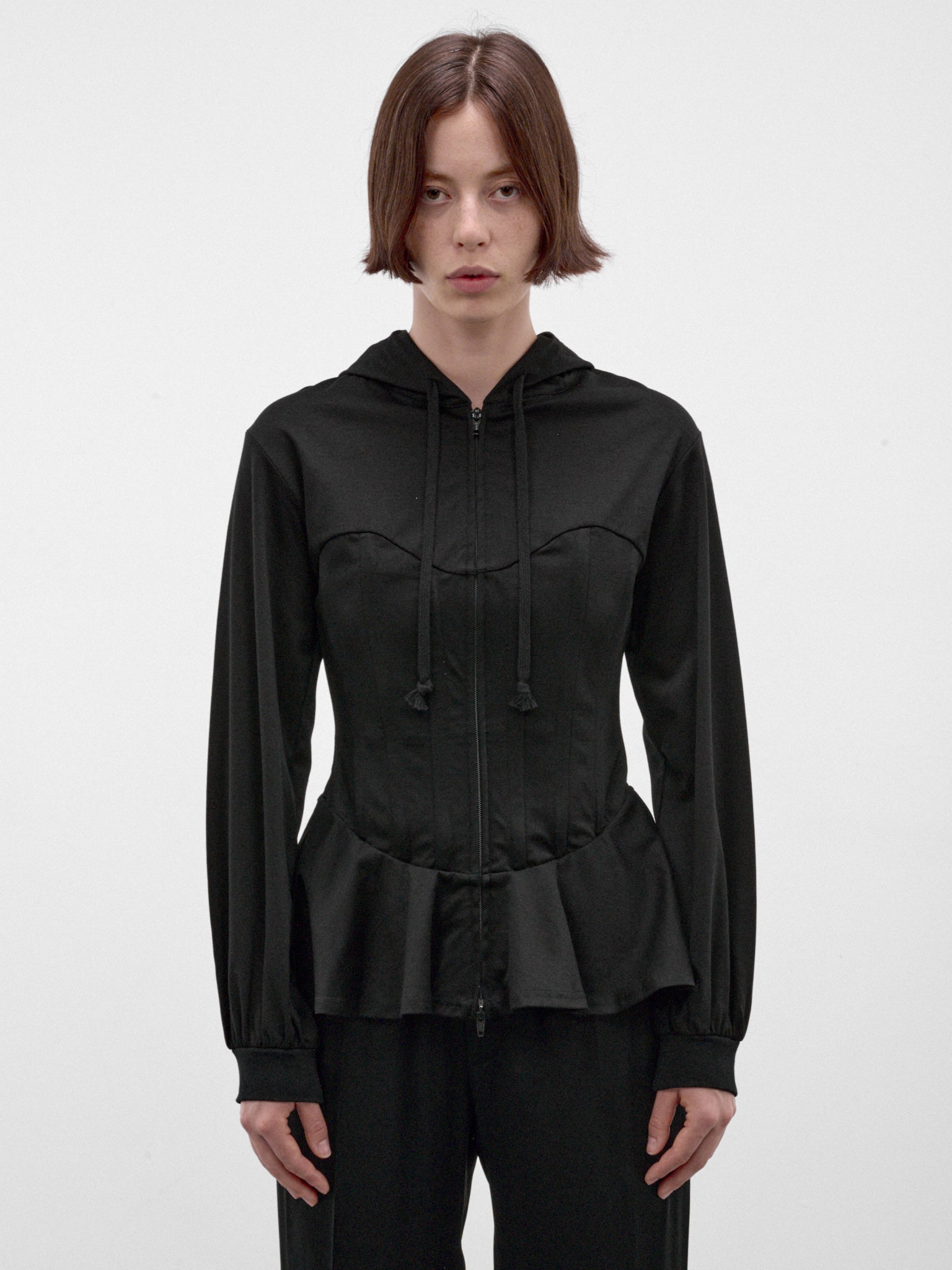Black Cotton Peplum Zip Hoodie (3R-T003-W26-BLACK)