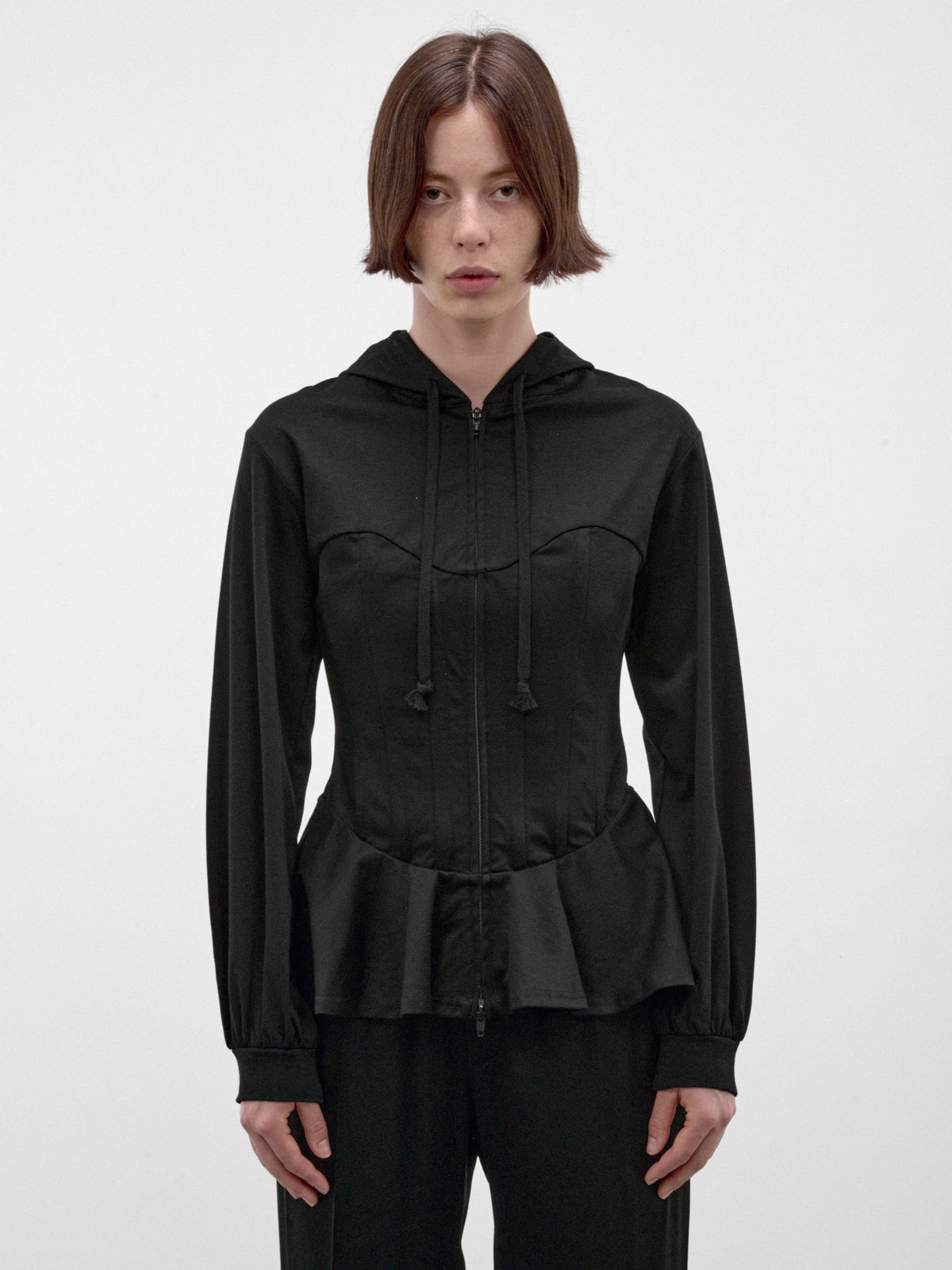 Black Cotton Peplum Zip Hoodie (3R-T003-W26-BLACK)