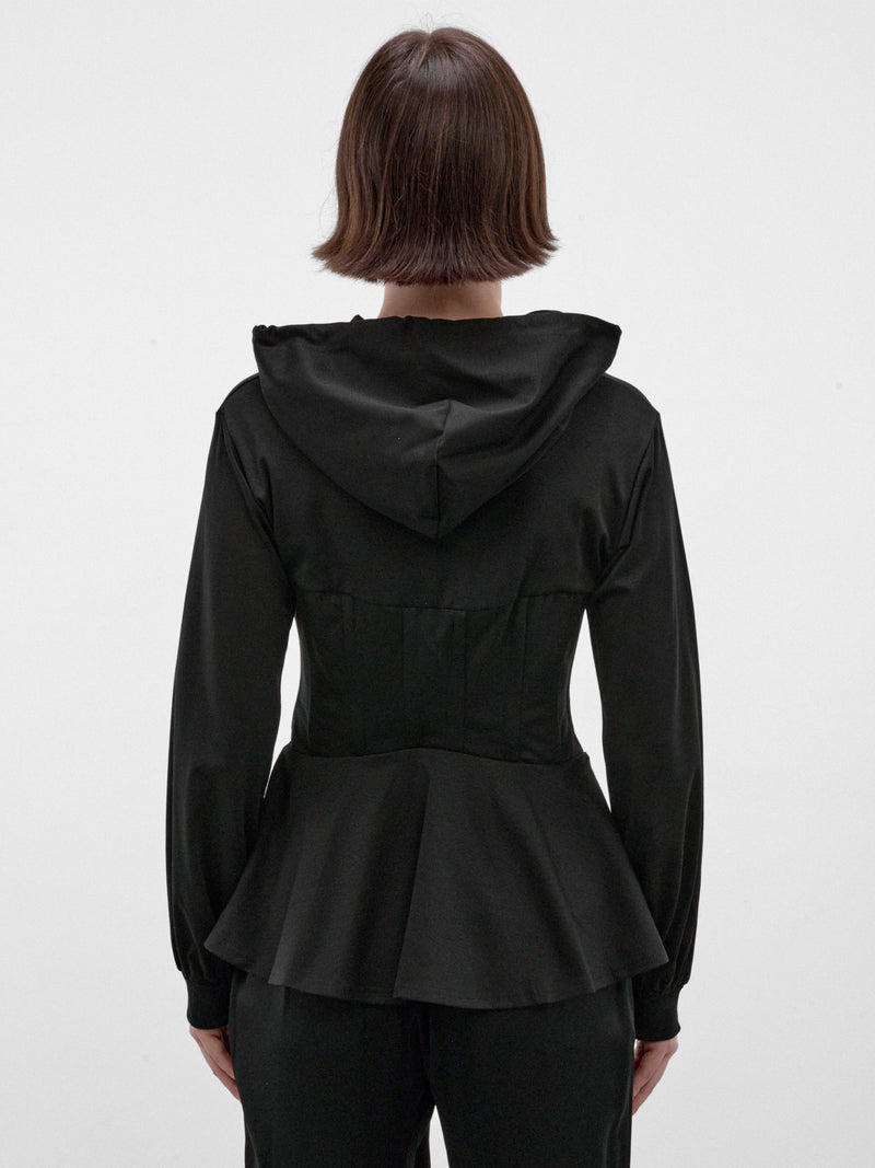 Black Cotton Peplum Zip Hoodie (3R-T003-W26-BLACK)