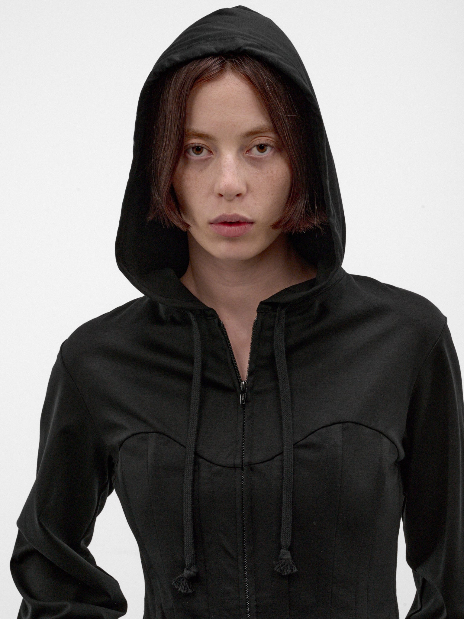 Black Cotton Peplum Zip Hoodie (3R-T003-W26-BLACK)