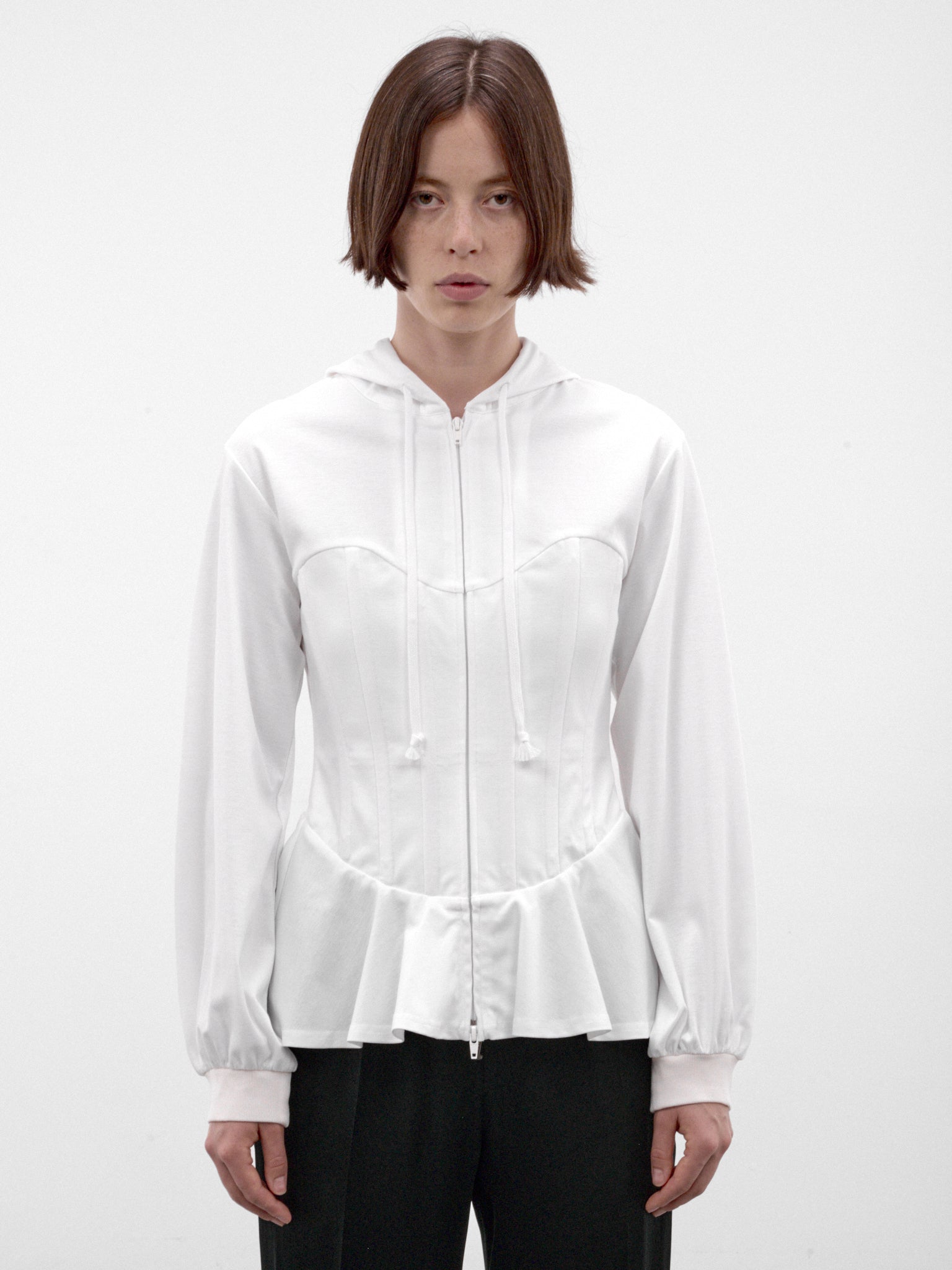 White Cotton Peplum Zip Hoodie (3R-T003-W26-WHITE)