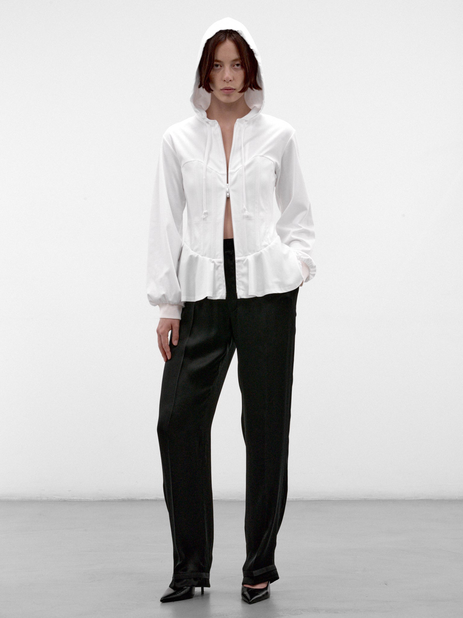 White Cotton Peplum Zip Hoodie (3R-T003-W26-WHITE)