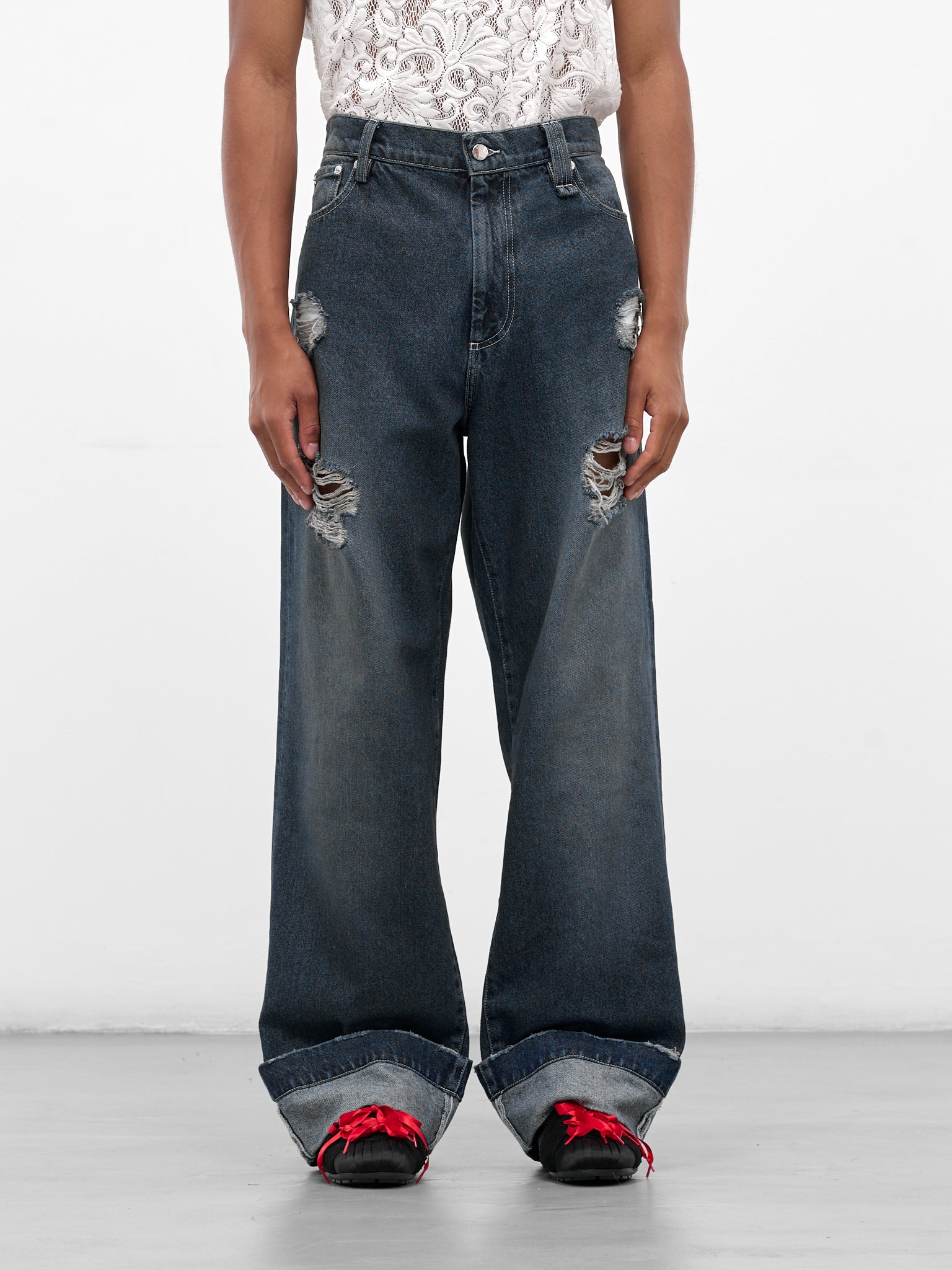 Blue Distressed Denim Straight Jeans (4161B-1231D-BLUE-PEARL-CLEAR)