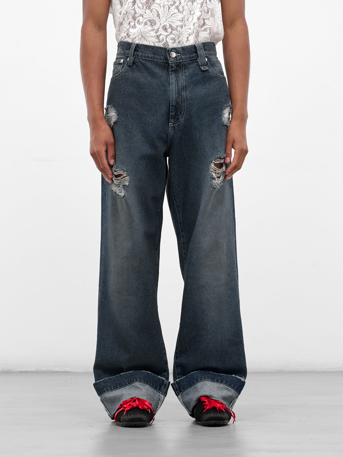 Blue Distressed Denim Straight Jeans (4161B-1231D-BLUE-PEARL-CLEAR)