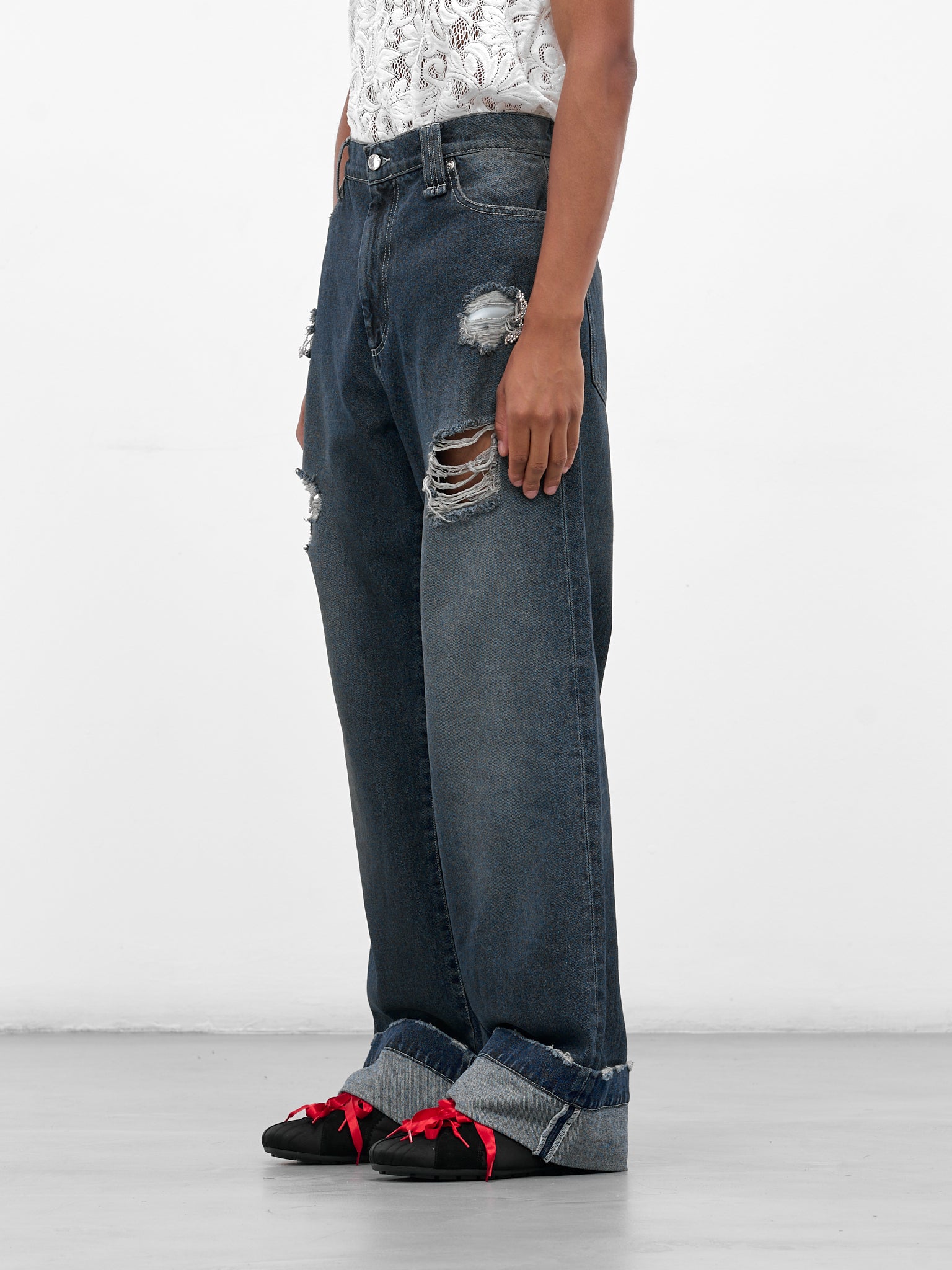 Blue Distressed Denim Straight Jeans (4161B-1231D-BLUE-PEARL-CLEAR)