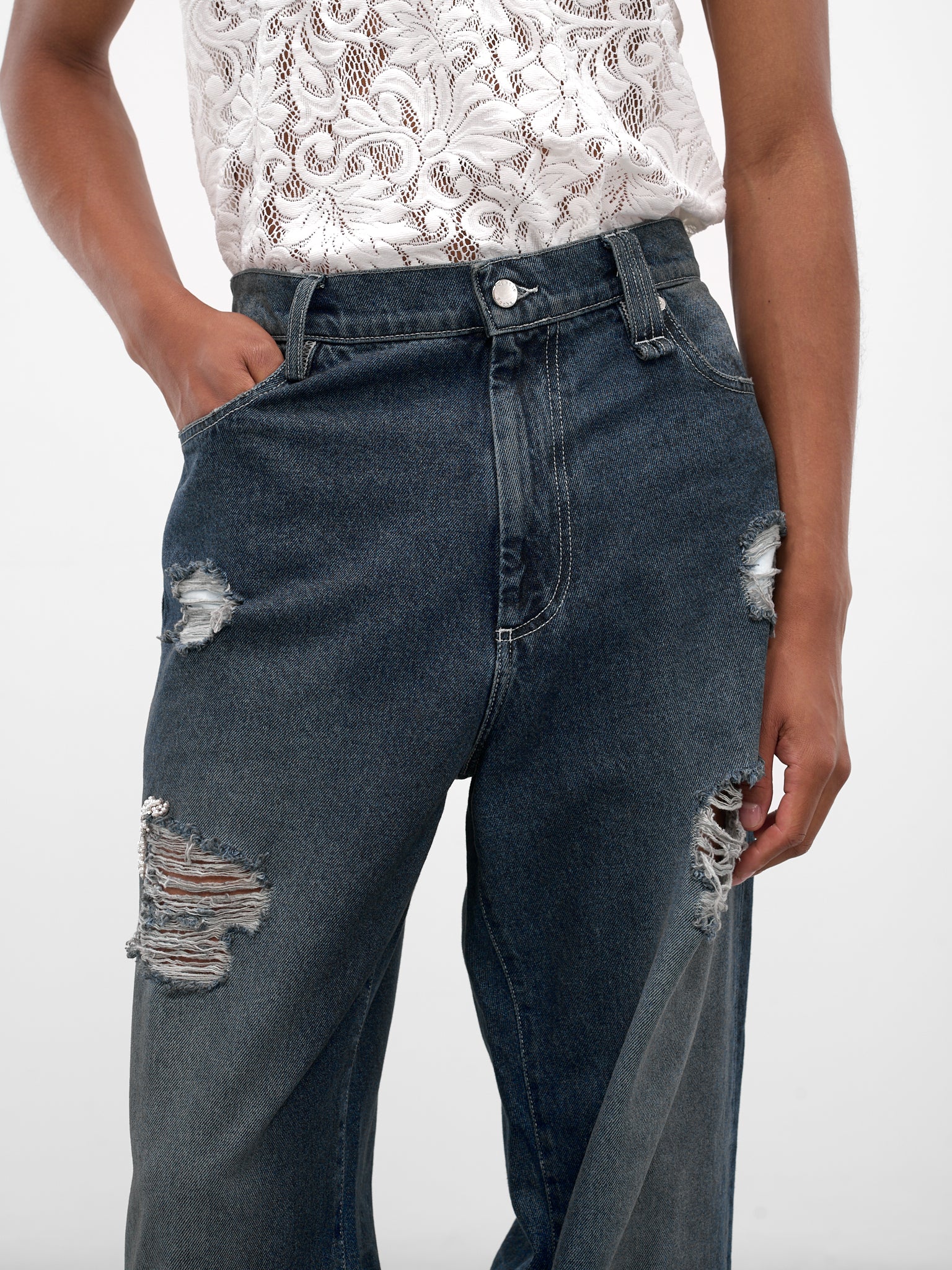 Blue Distressed Denim Straight Jeans (4161B-1231D-BLUE-PEARL-CLEAR)