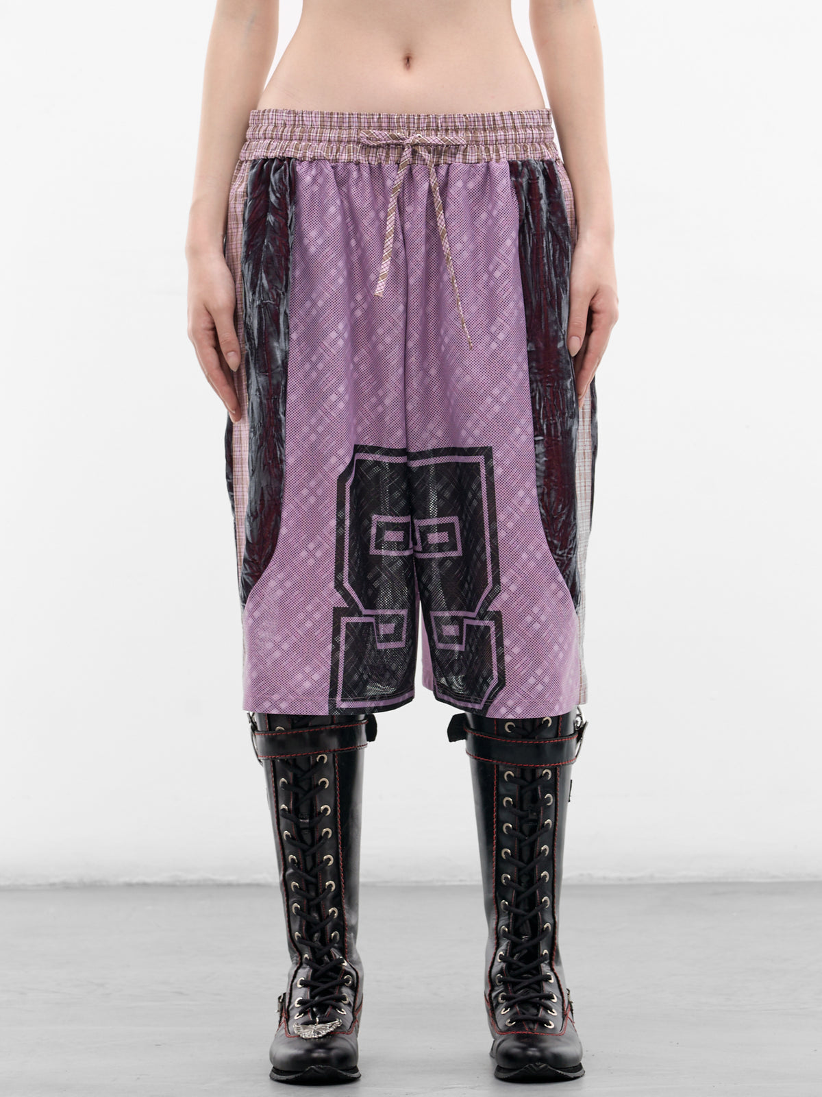 Contrast Paneled Plaid Basketball Shorts (4164-BASKETBALL-PINK-MULTI)