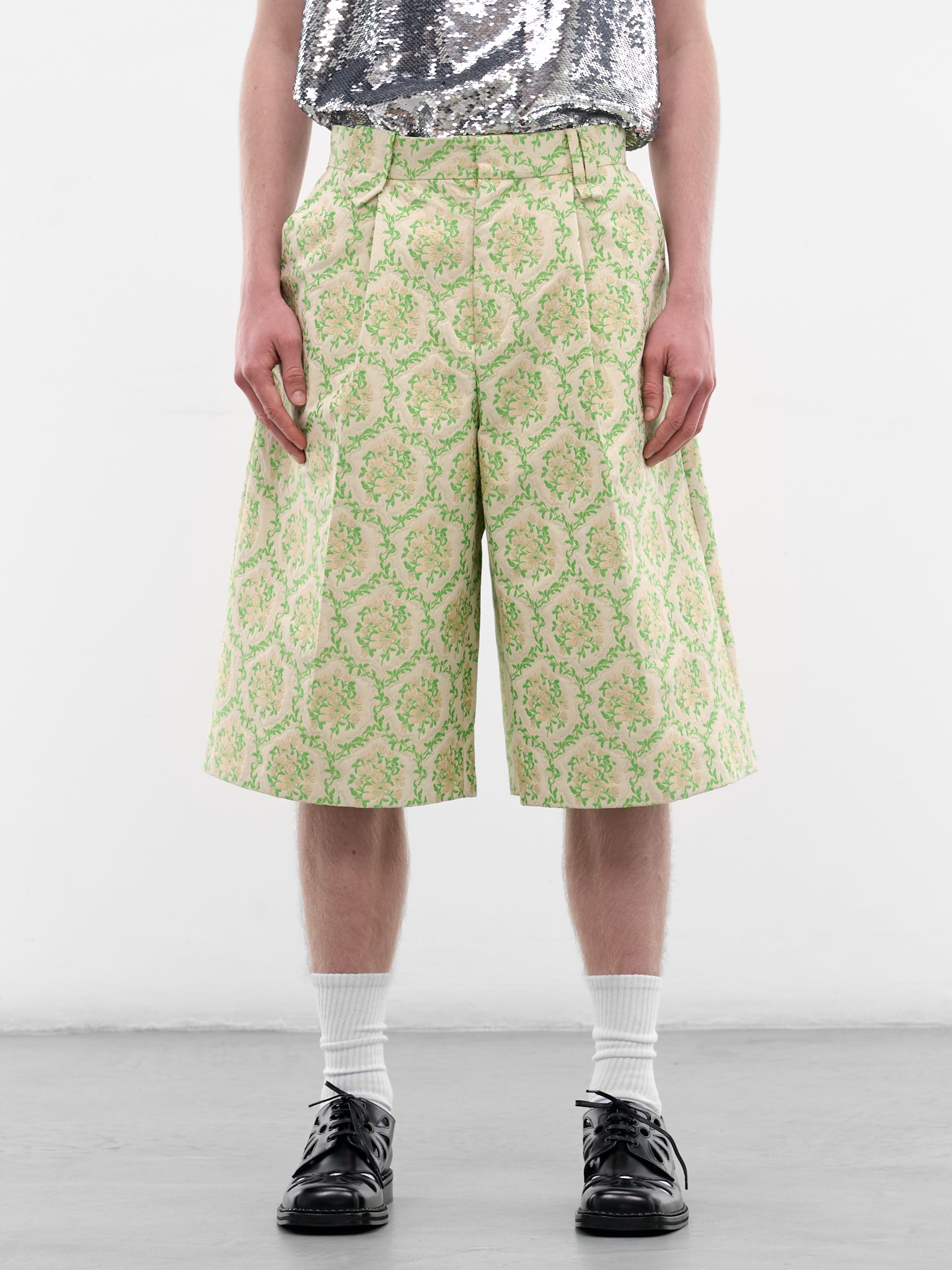 Green Floral Jacquard Tailored Shorts (4187D-1311-GREEN-FLORAL)