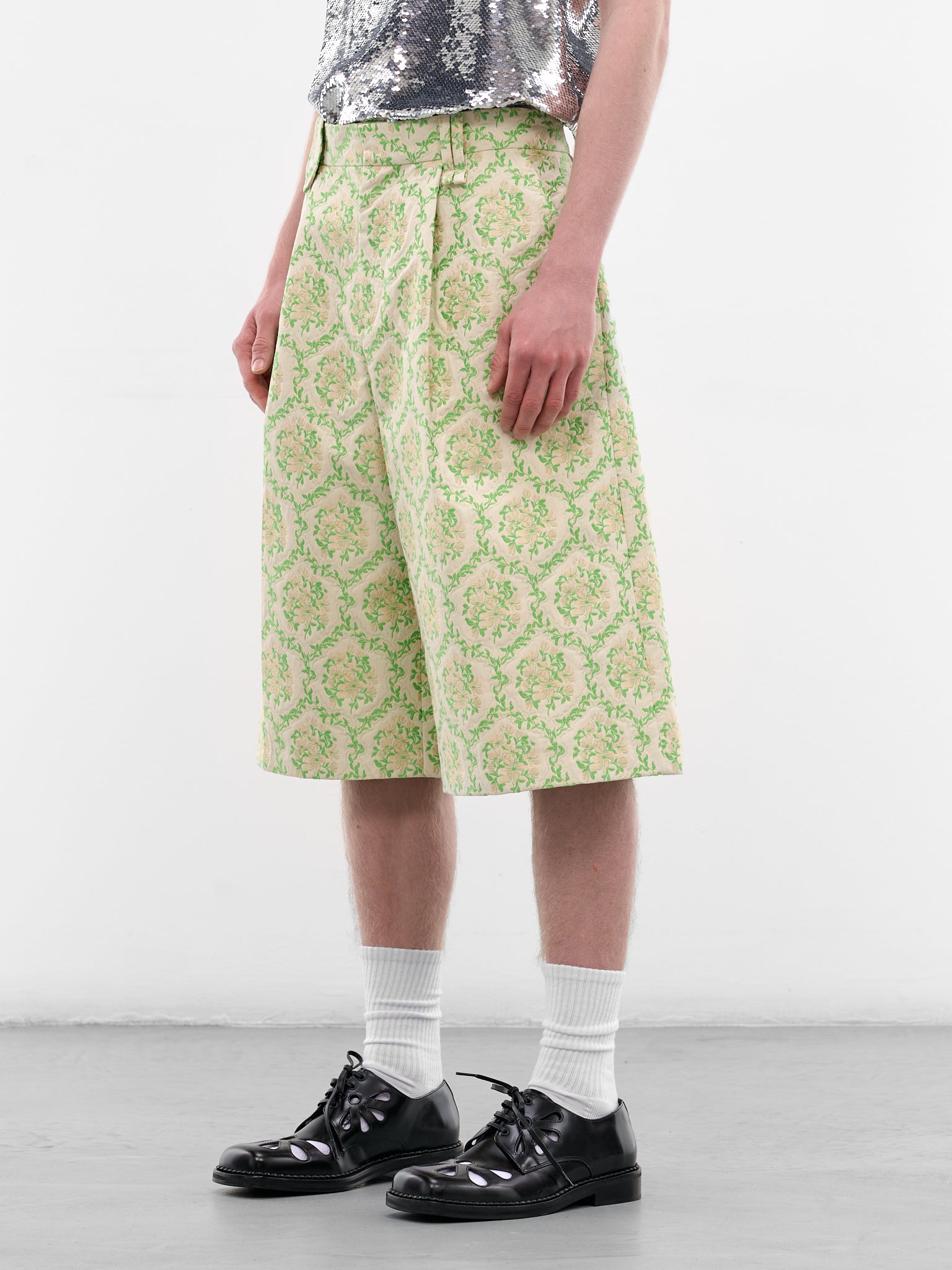 Green Floral Jacquard Tailored Shorts (4187D-1311-GREEN-FLORAL)