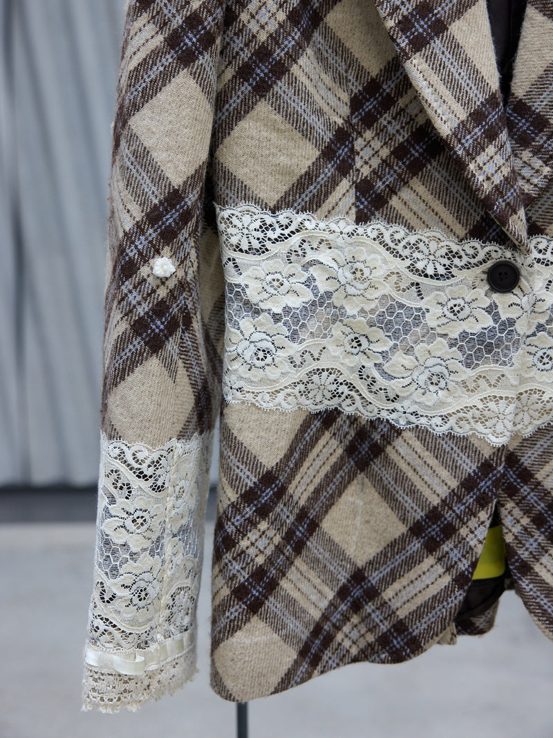 Beige Studded Plaid Lace Blazer (MDA002A055)
