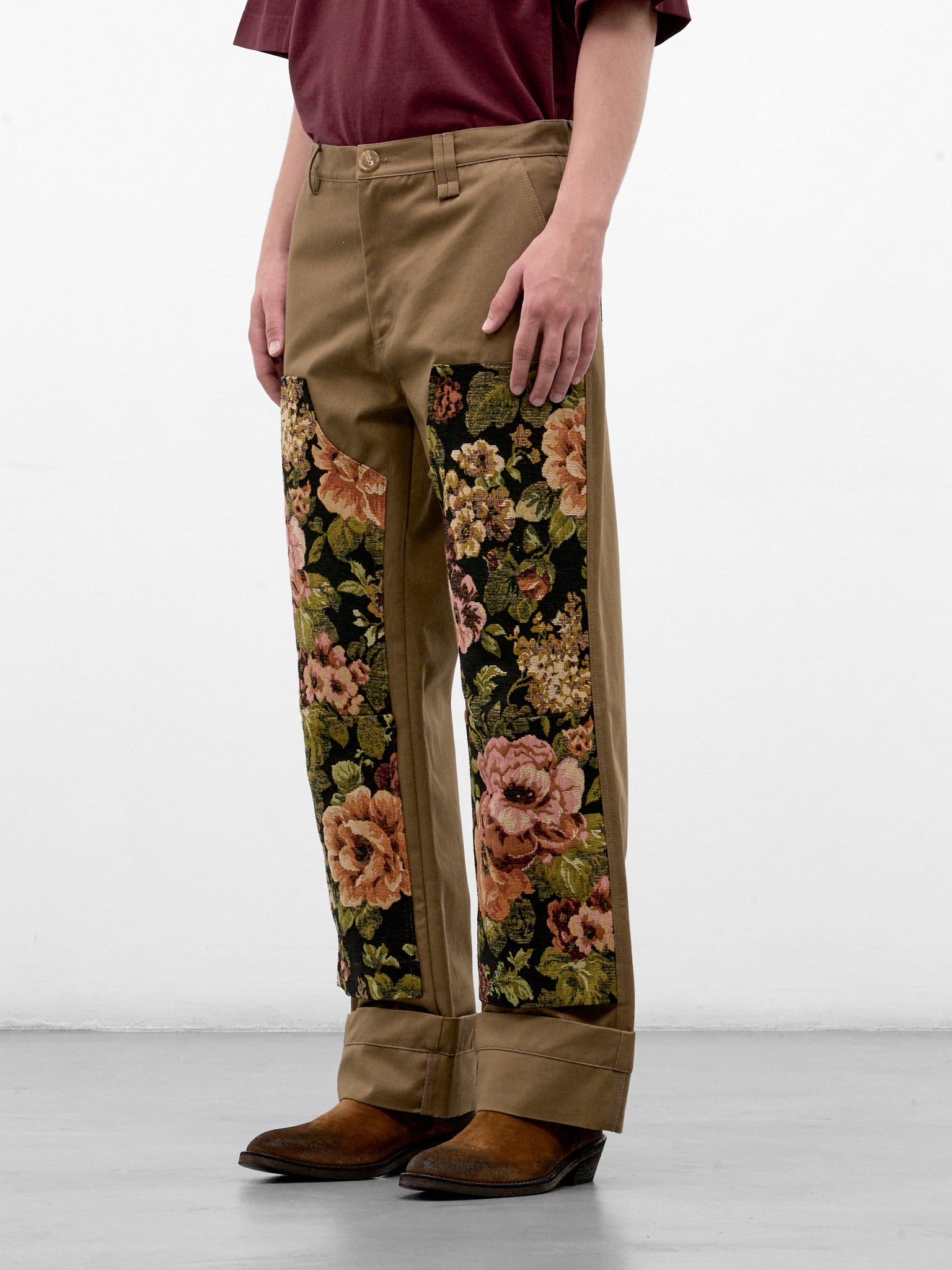 Khaki Floral Paneled Workwear Trousers (4222P-0261-KHAKI-MULTI)