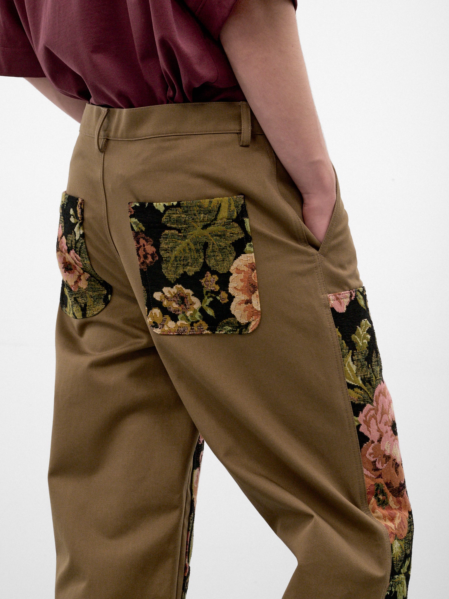 Khaki Floral Paneled Workwear Trousers (4222P-0261-KHAKI-MULTI)