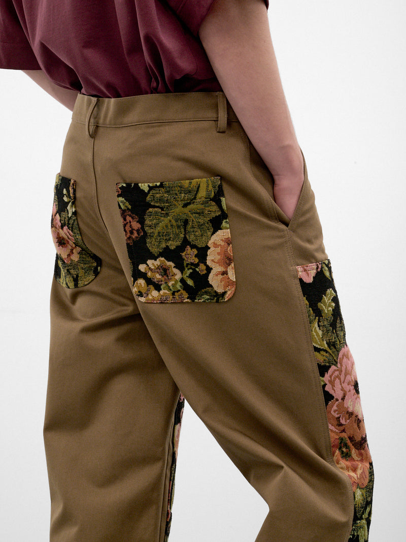 Khaki Floral Paneled Workwear Trousers (4222P-0261-KHAKI-MULTI)