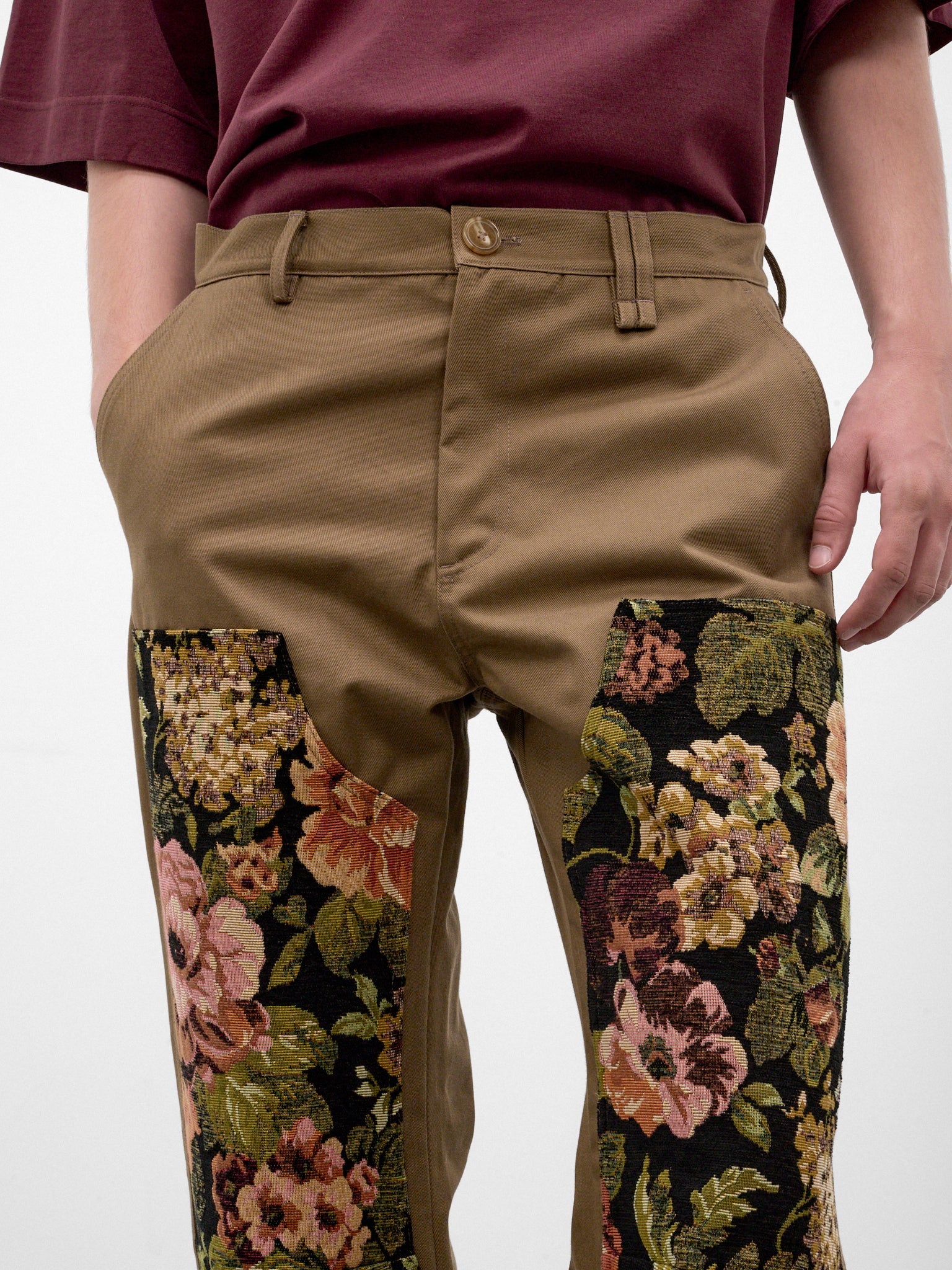 Khaki Floral Paneled Workwear Trousers (4222P-0261-KHAKI-MULTI)