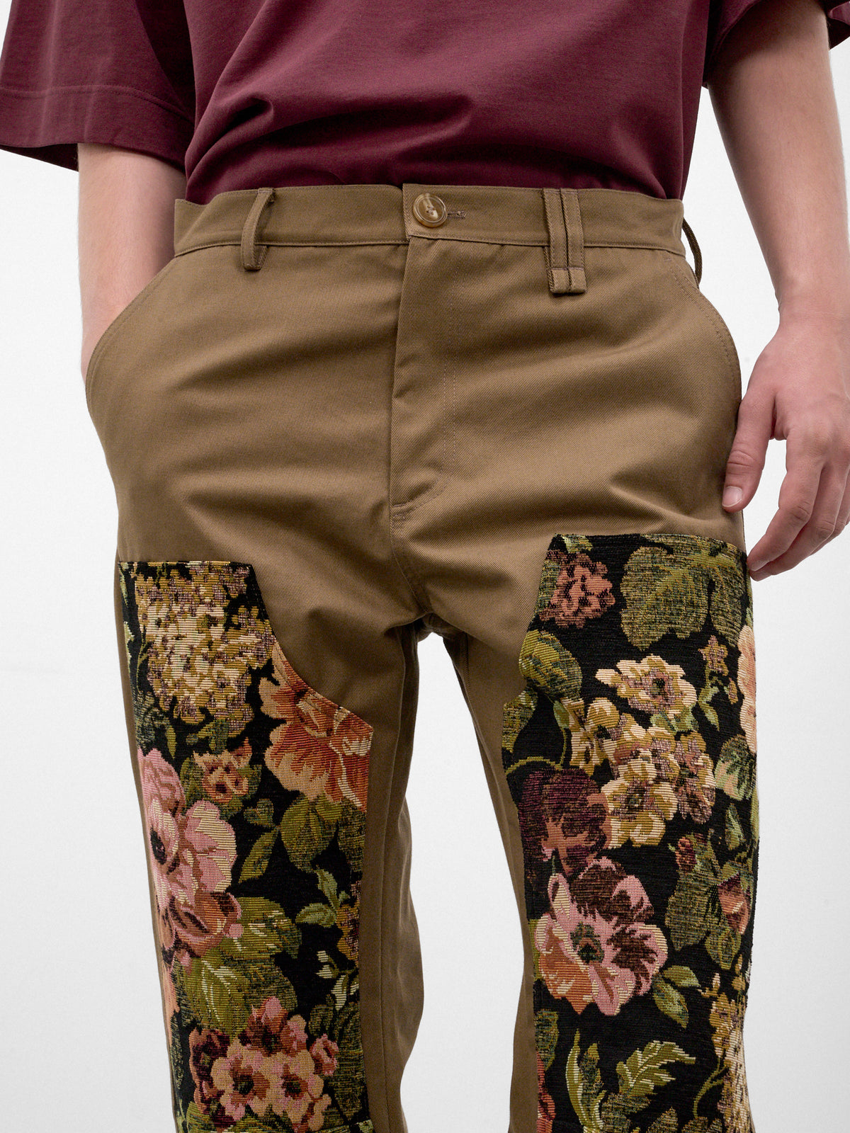 Khaki Floral Paneled Workwear Trousers (4222P-0261-KHAKI-MULTI)