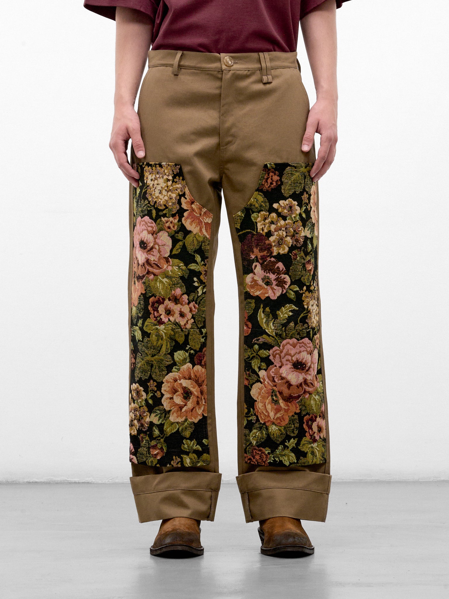 Khaki Floral Paneled Workwear Trousers (4222P-0261-KHAKI-MULTI)