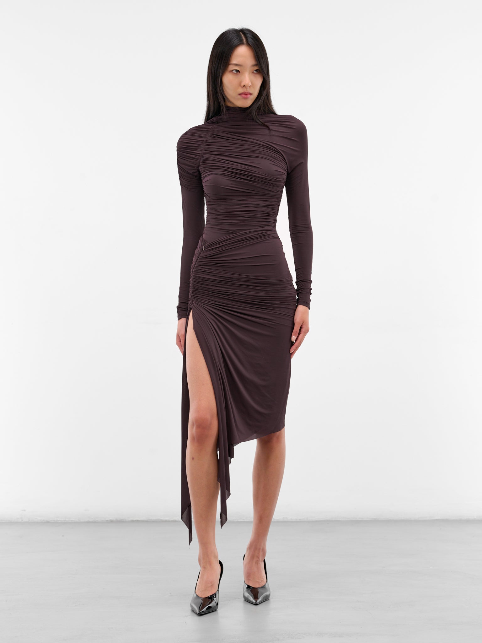 Burgundy Viscose Ruched Asymmetric Skirt (429-T06-BURGUNDY)