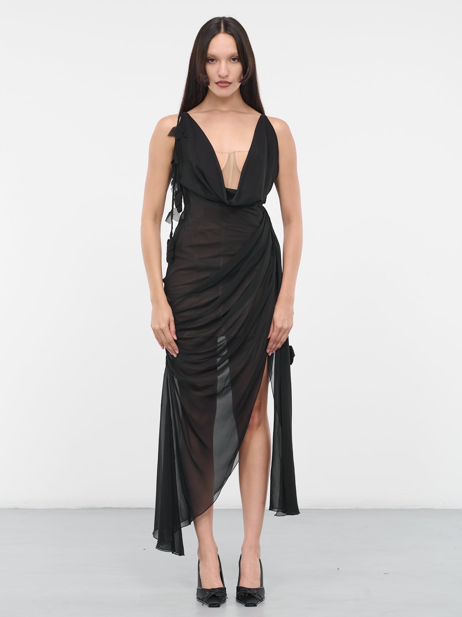 Draped Silk Dress (4A082A-C9908-NERO-CAMMELL)