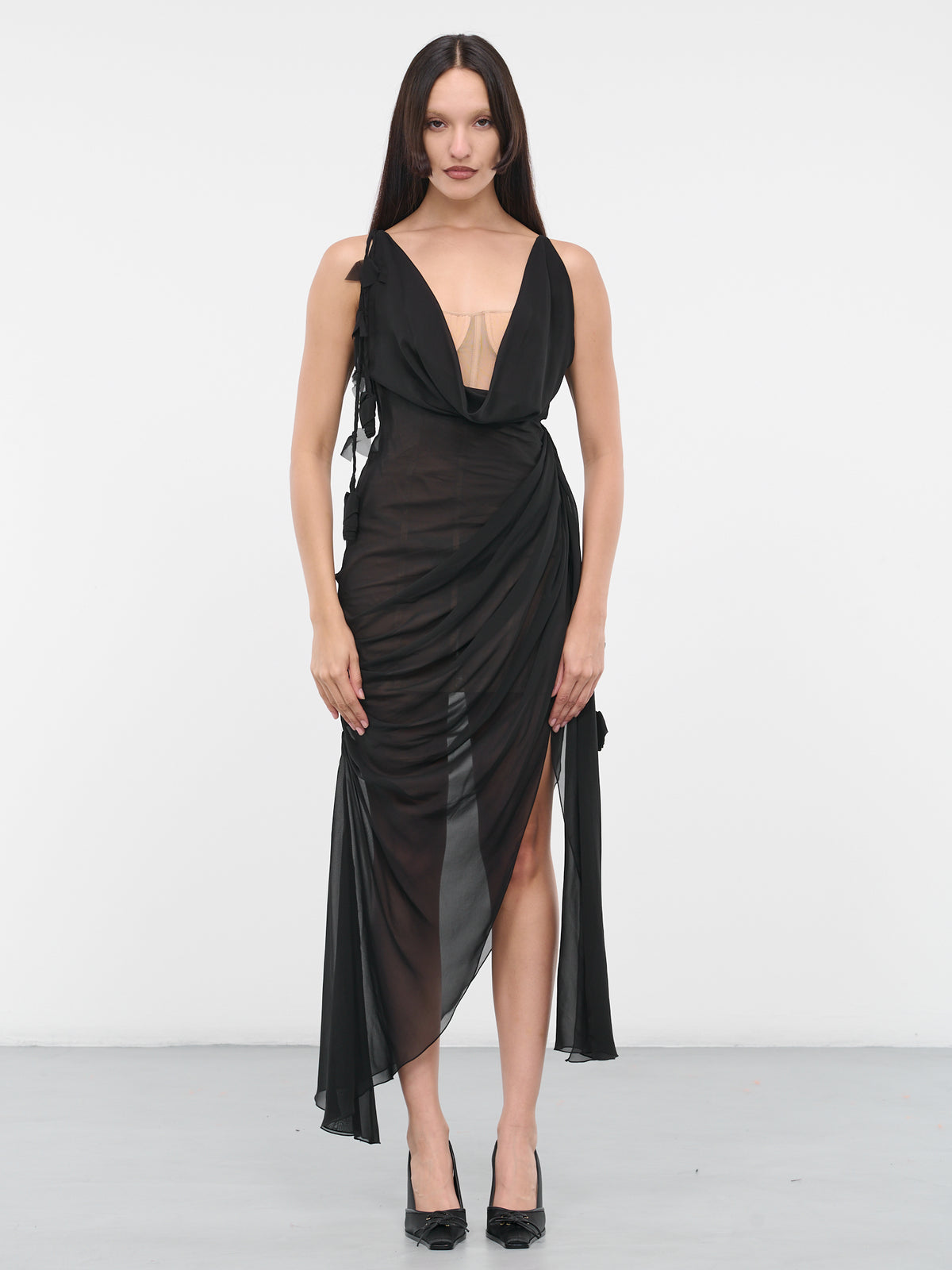 Draped Silk Dress (4A082A-C9908-NERO-CAMMELL)