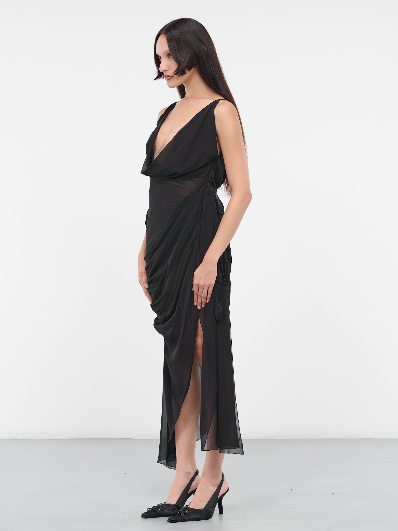 Draped Silk Dress (4A082A-C9908-NERO-CAMMELL)