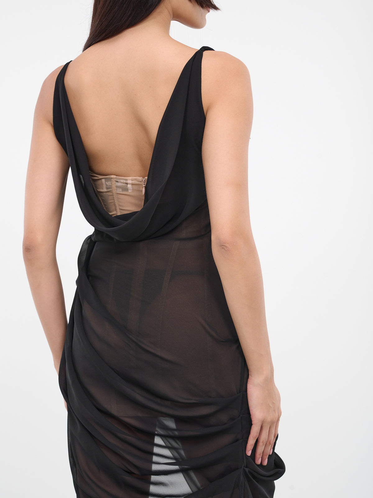 Draped Silk Dress (4A082A-C9908-NERO-CAMMELL)