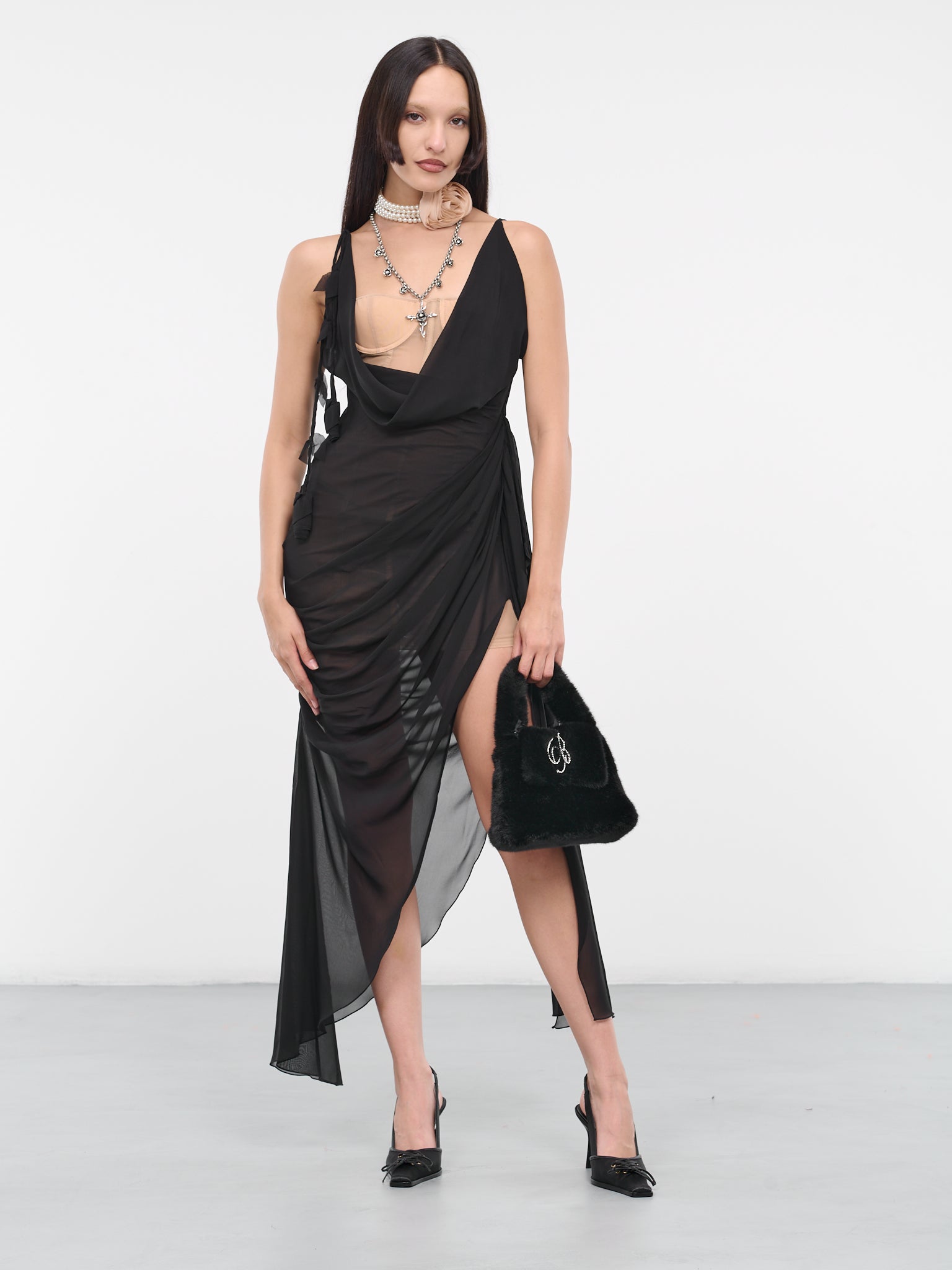 Draped Silk Dress (4A082A-C9908-NERO-CAMMELL)