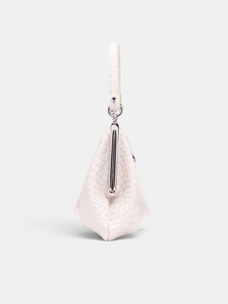 White Crocodile-Embossed Leather Bag (4B010007W-L0098-PEARL-WHITE)
