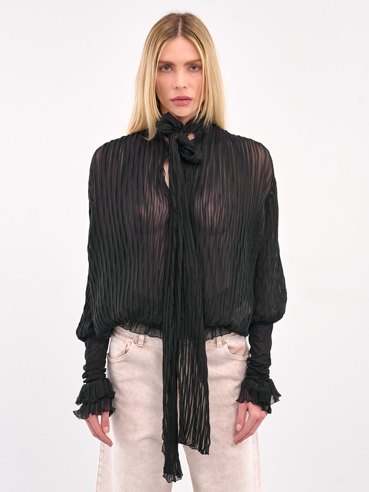 Pleated Ruffle Blouse (4C135A-N0990-BLACK)