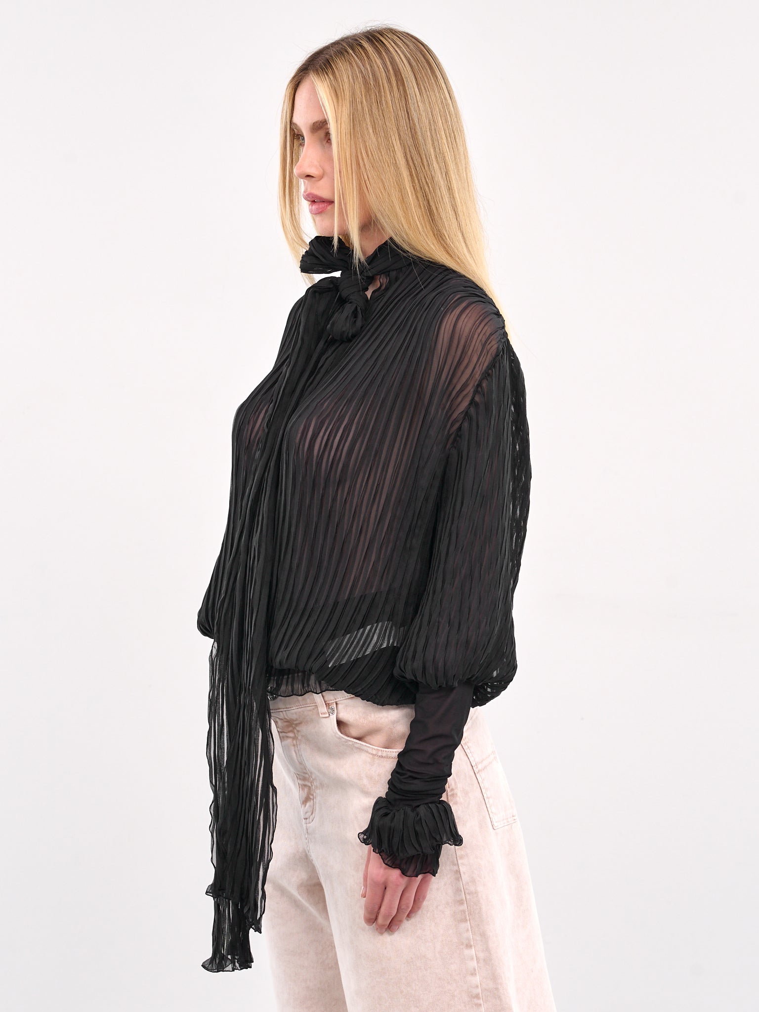 Pleated Ruffle Blouse (4C135A-N0990-BLACK)