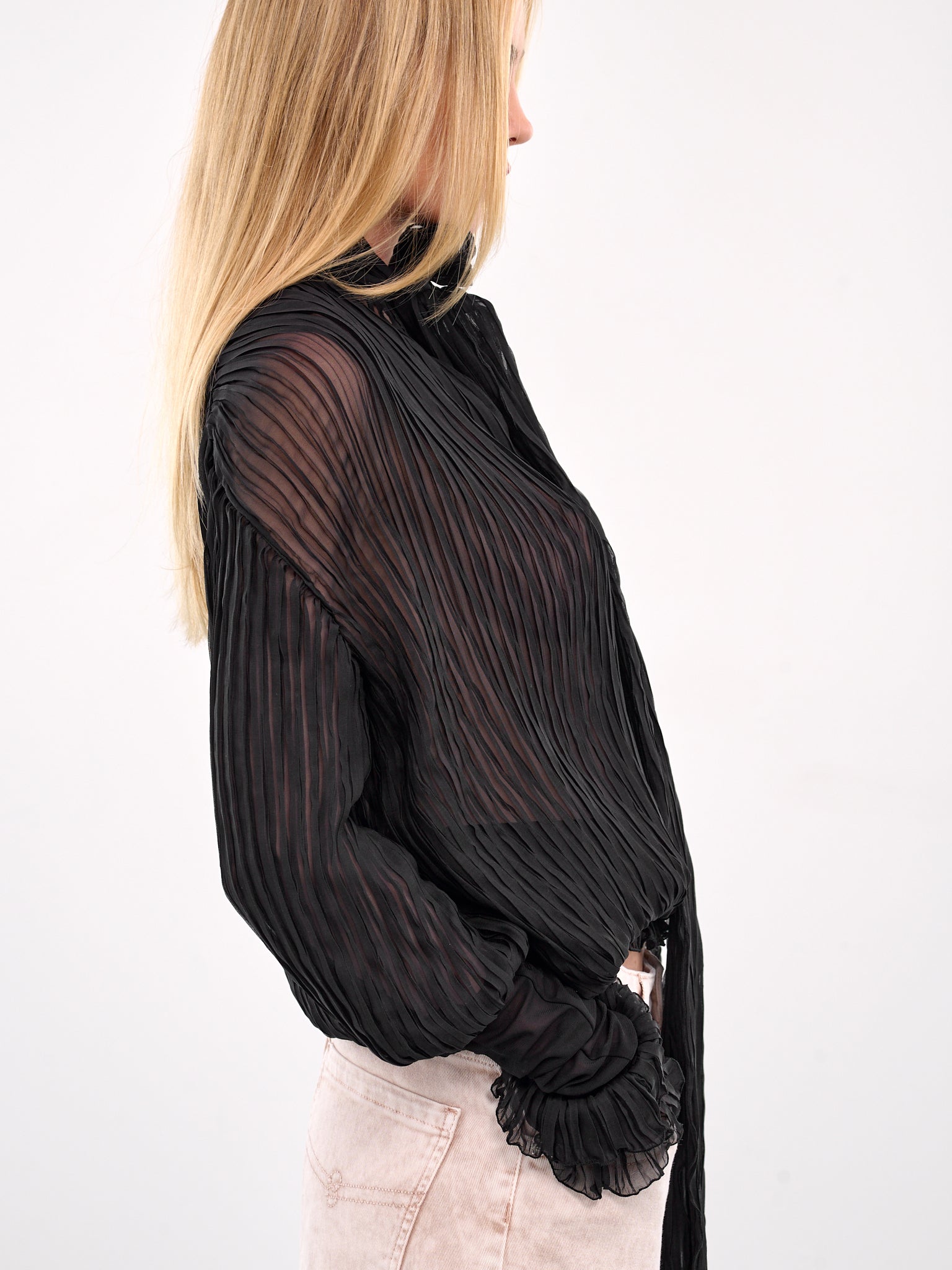 Pleated Ruffle Blouse (4C135A-N0990-BLACK)