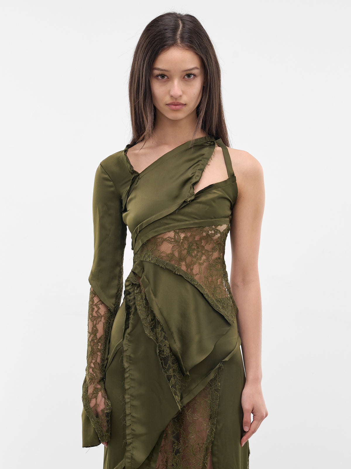 Asymmetric Satin-Lace Paneled Top (4C229A-N0519-BRONZE-GREEN)