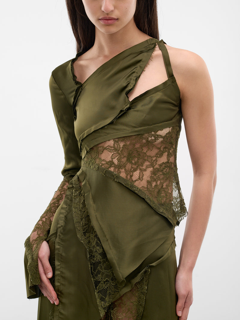 Asymmetric Satin-Lace Paneled Top (4C229A-N0519-BRONZE-GREEN)