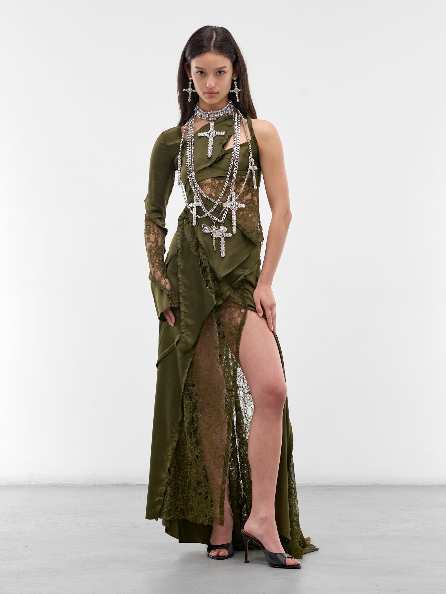 Asymmetric Satin-Lace Paneled Skirt (4G106A-N0519-BRONZE-GREEN)