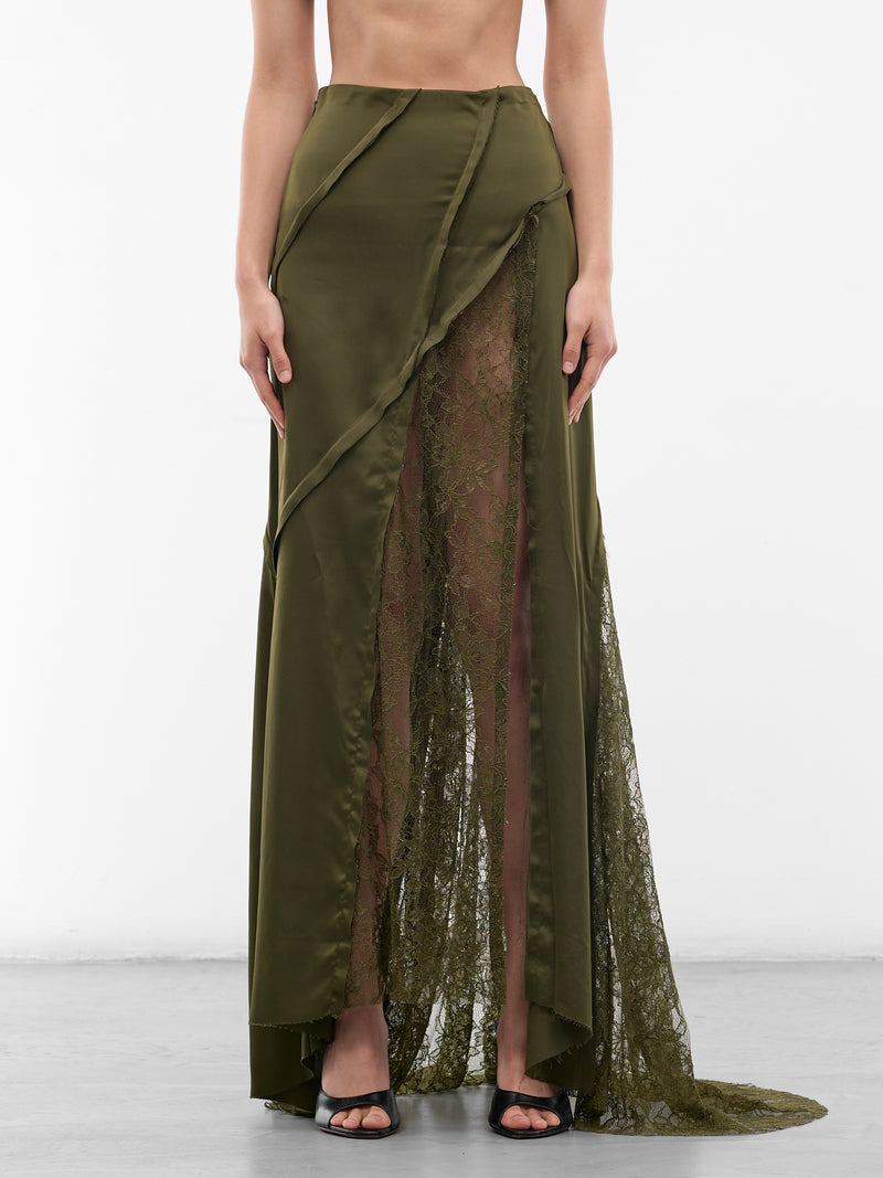Asymmetric Satin-Lace Paneled Skirt (4G106A-N0519-BRONZE-GREEN)