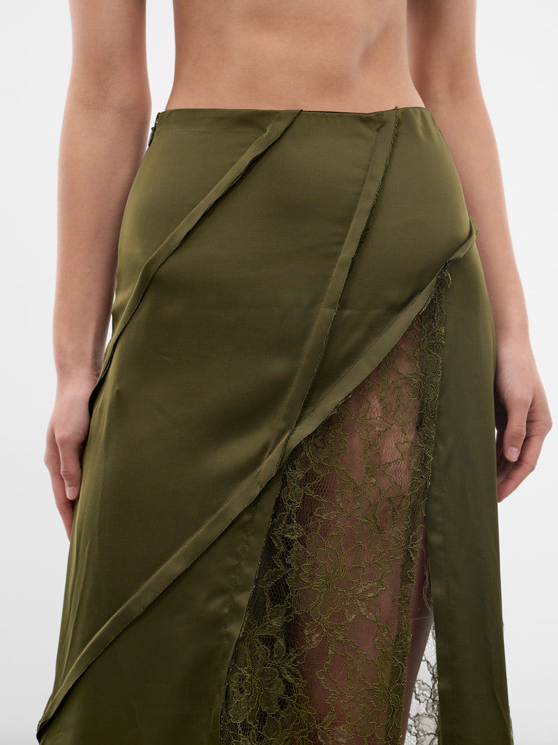 Asymmetric Satin-Lace Paneled Skirt (4G106A-N0519-BRONZE-GREEN)