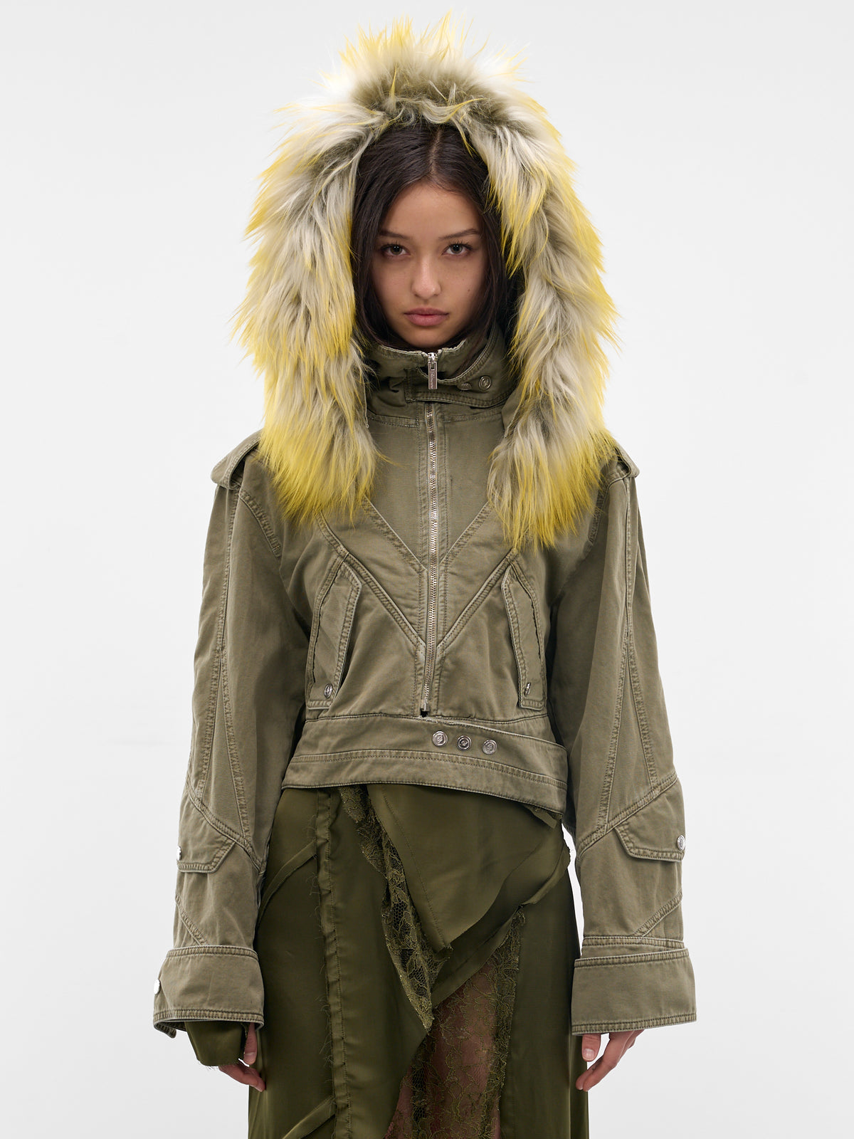 Green Canvas Fur Hood Jacket (4J158A-N0592-ALOE-GREEN)