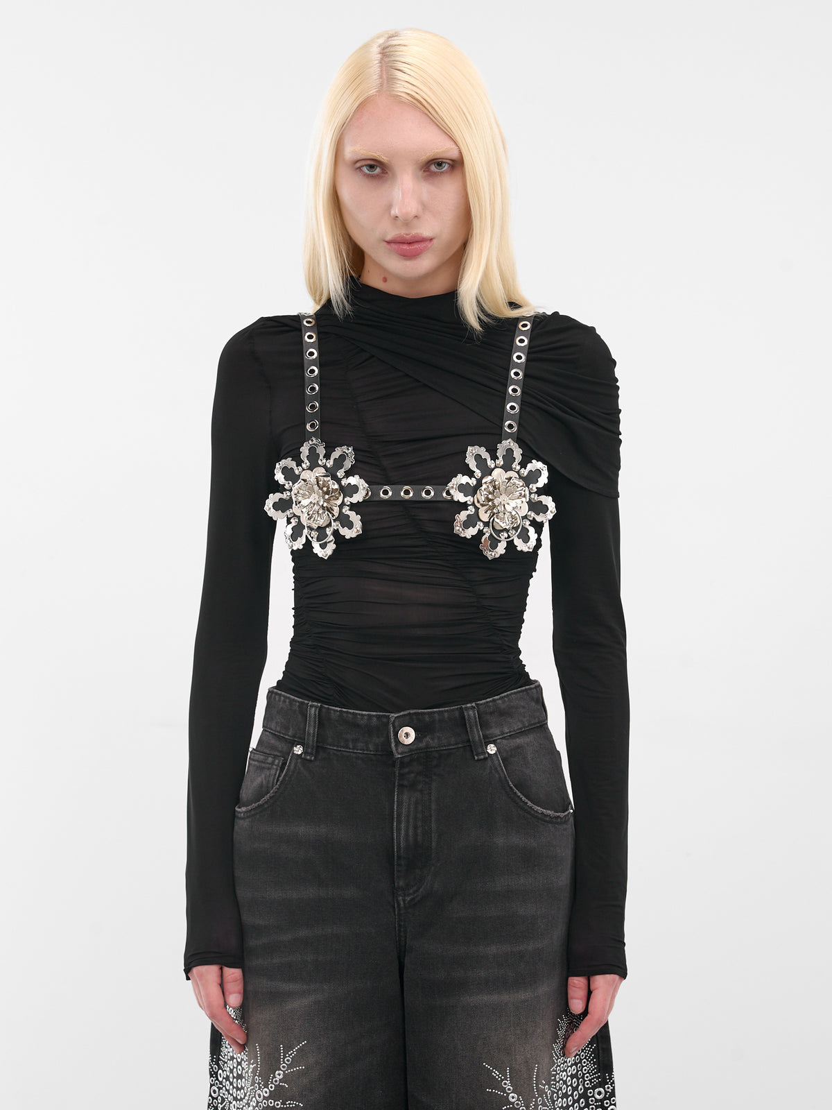 Black Metal Flower Leather Bra (4W218A-N0990-BLACK)