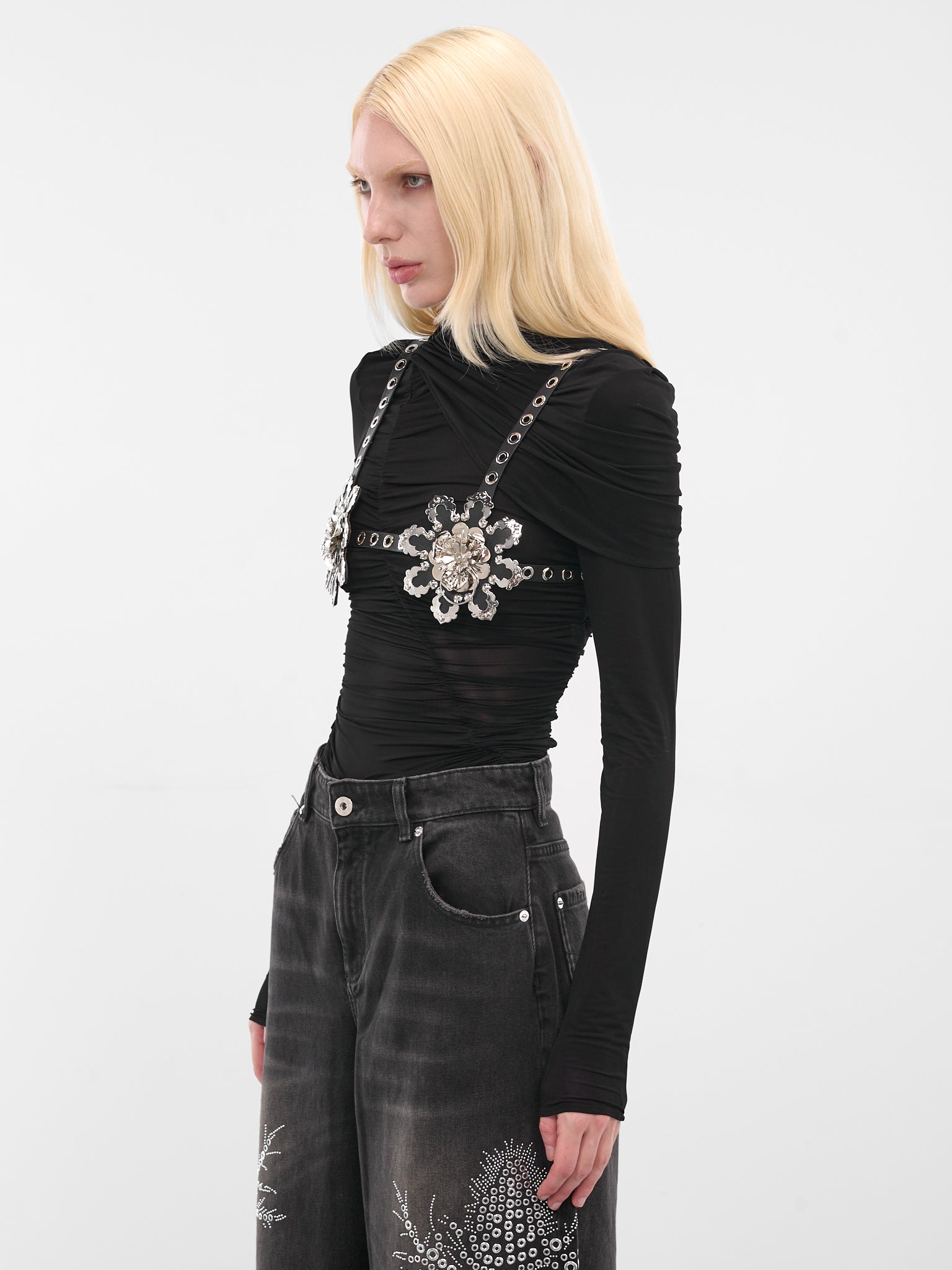 Black Metal Flower Leather Bra (4W218A-N0990-BLACK)