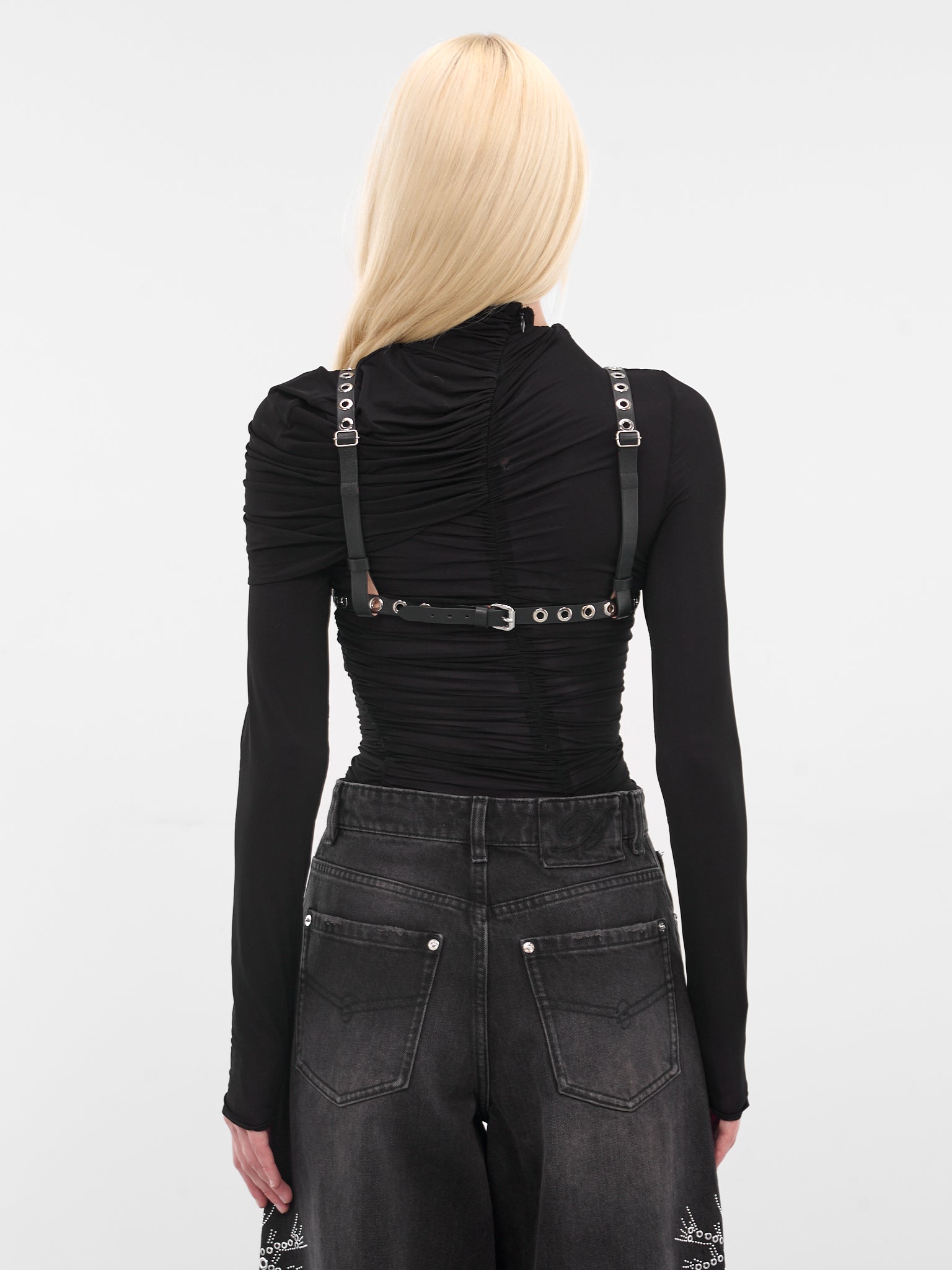 Black Metal Flower Leather Bra (4W218A-N0990-BLACK)