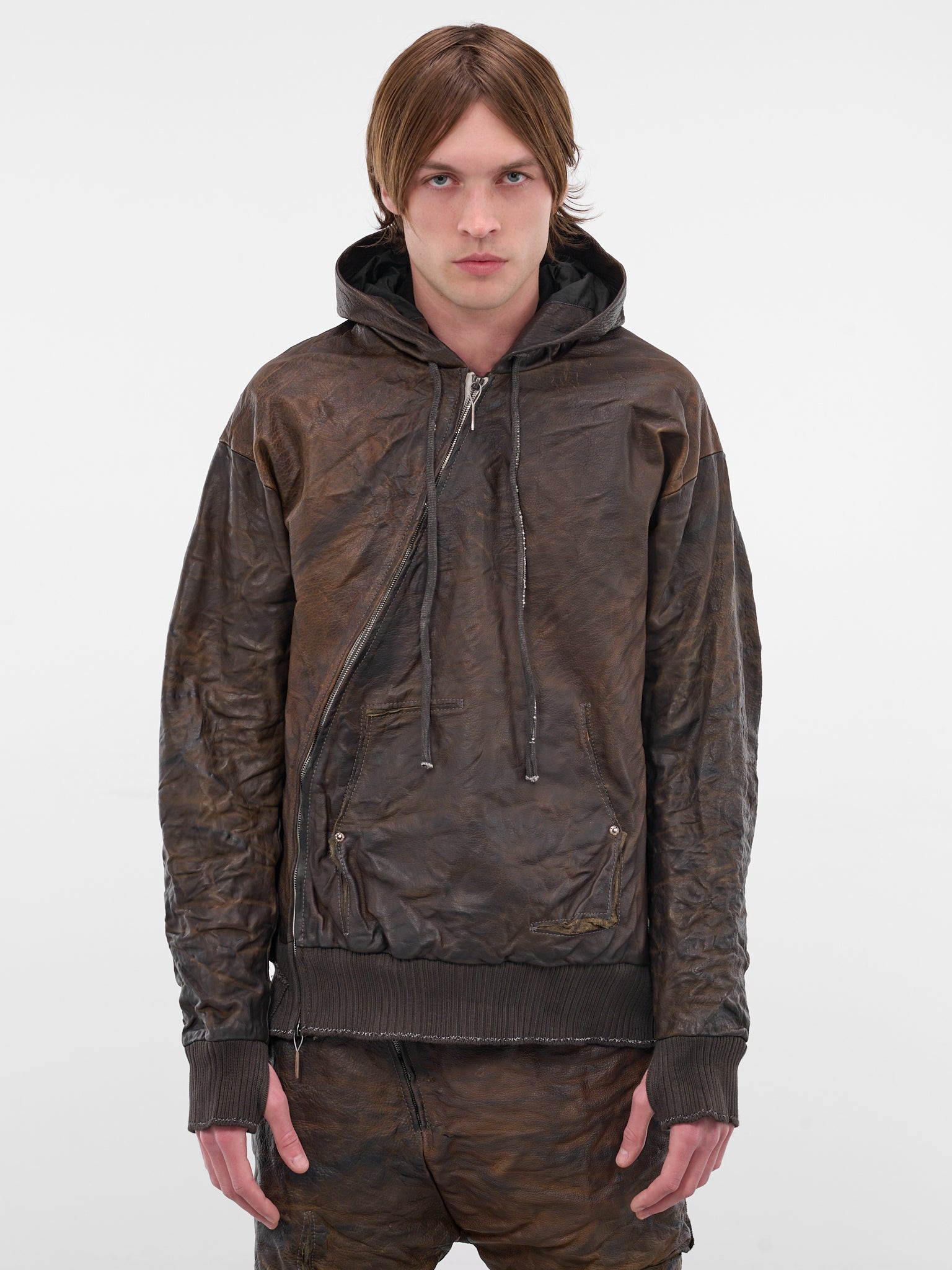 Brown Bison Leather Zip Hoodie (5169-GREY-BROWN)