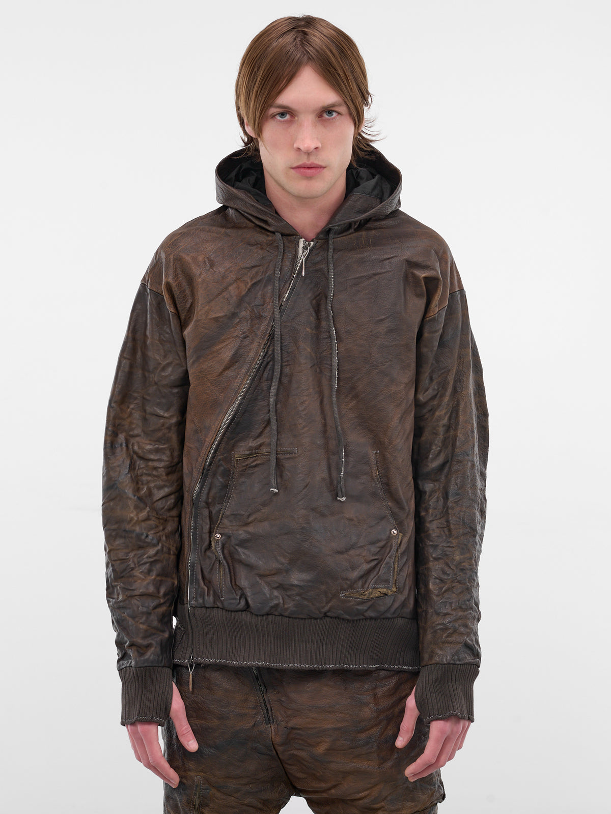 Brown Bison Leather Zip Hoodie (5169-GREY-BROWN)