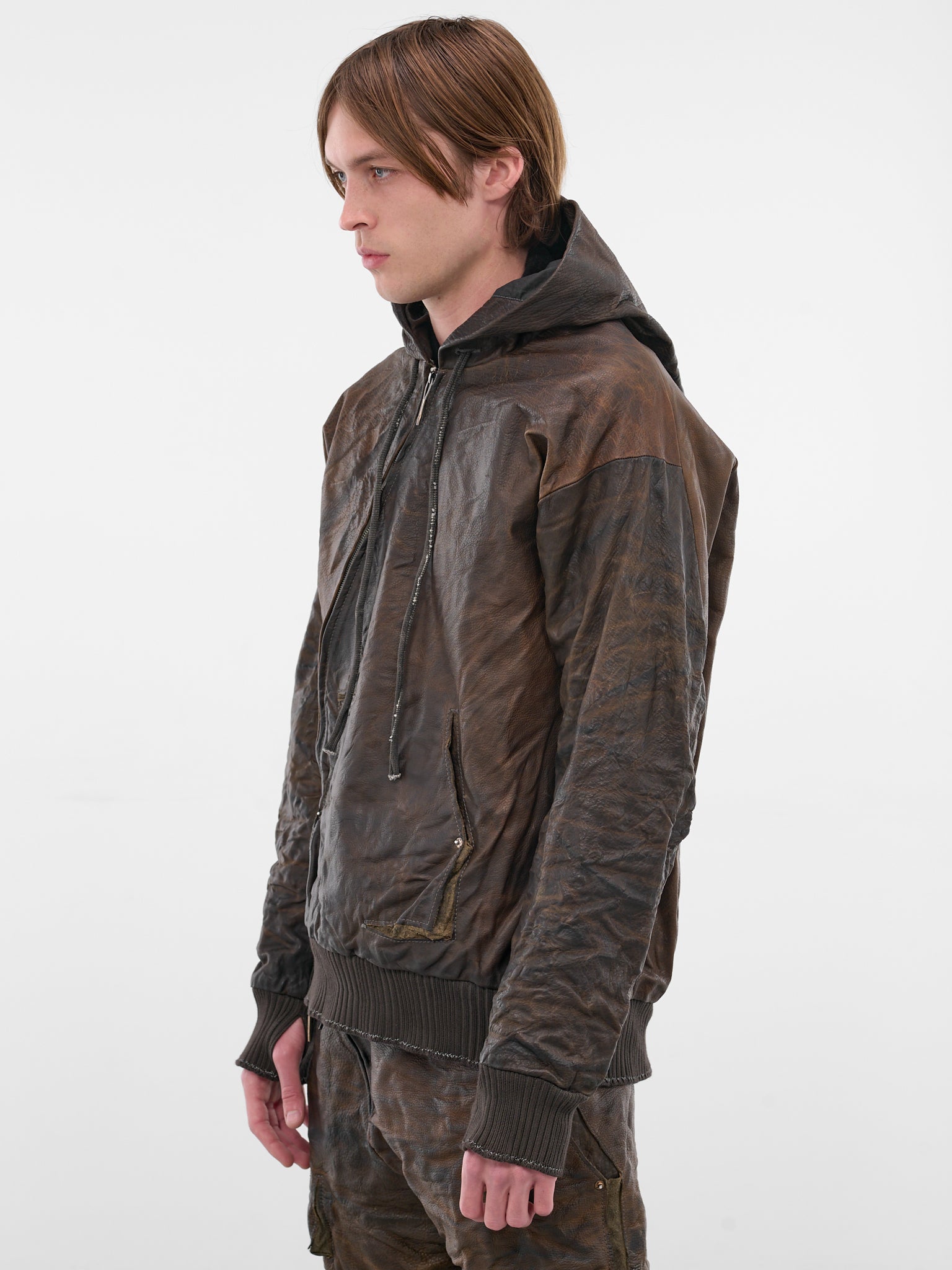Brown Bison Leather Zip Hoodie (5169-GREY-BROWN)
