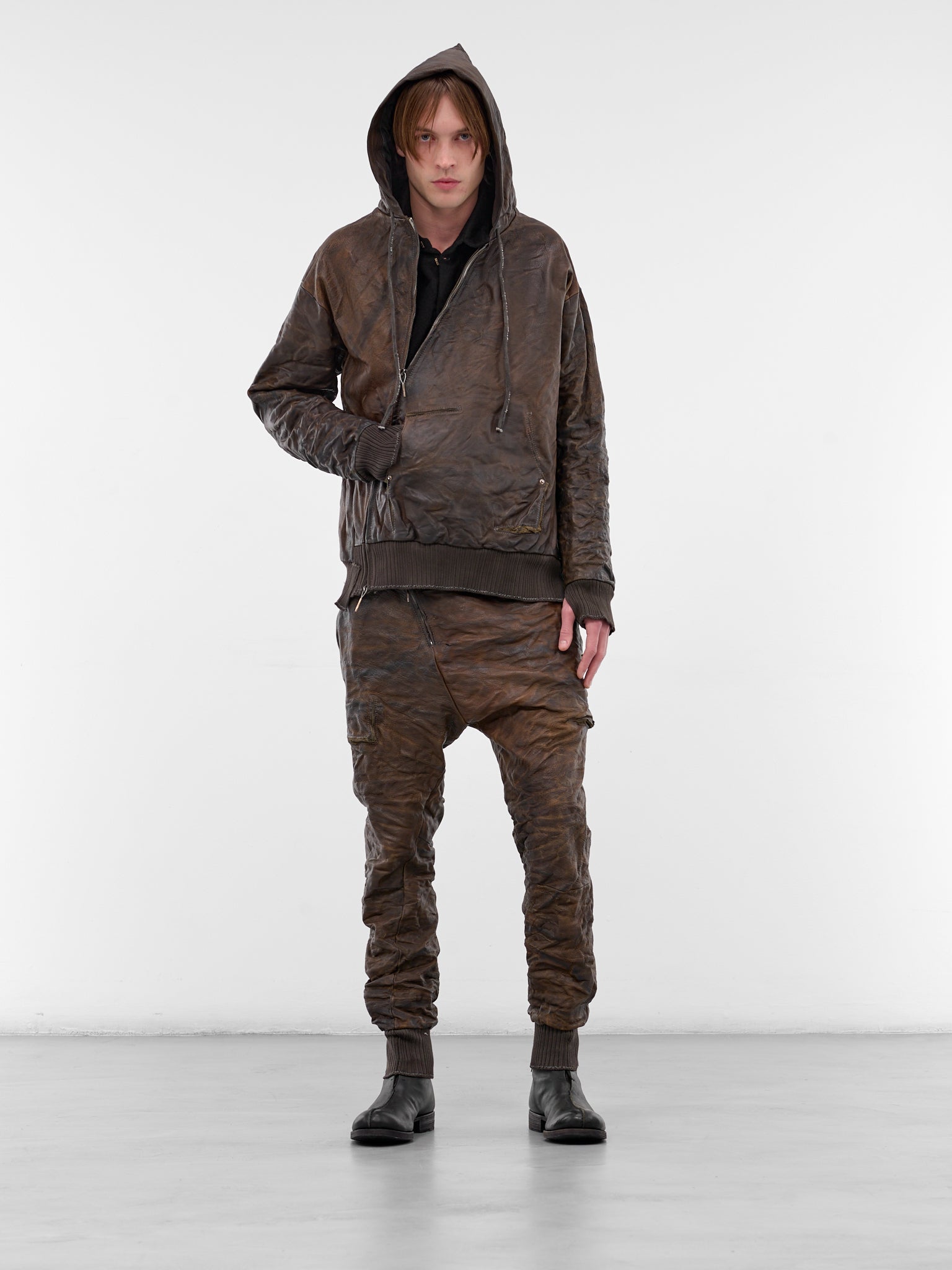 Brown Bison Leather Zip Hoodie (5169-GREY-BROWN)